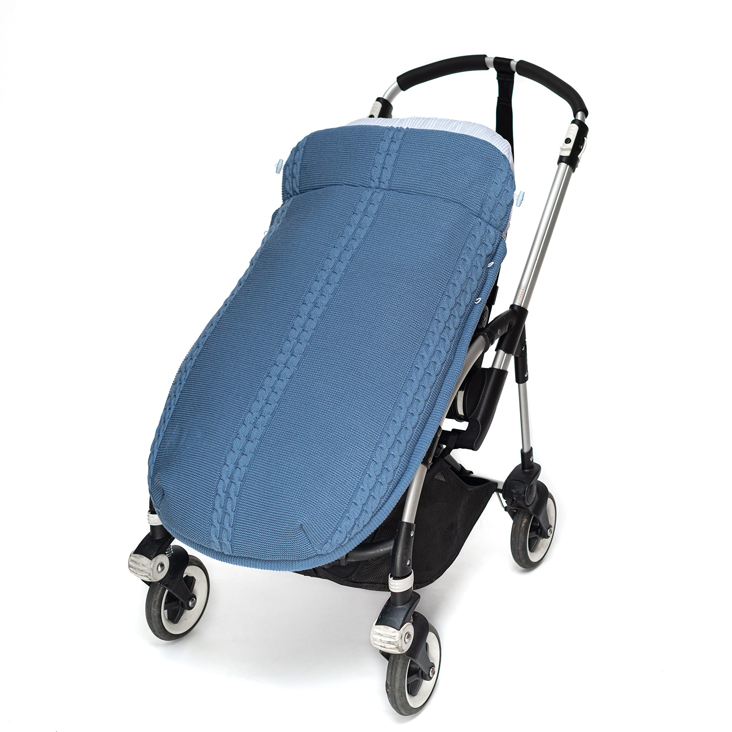 Sacco Universale per Passeggino invernale in maglia di lana e cotone a righe. Modello Sophie. Blu/Blu