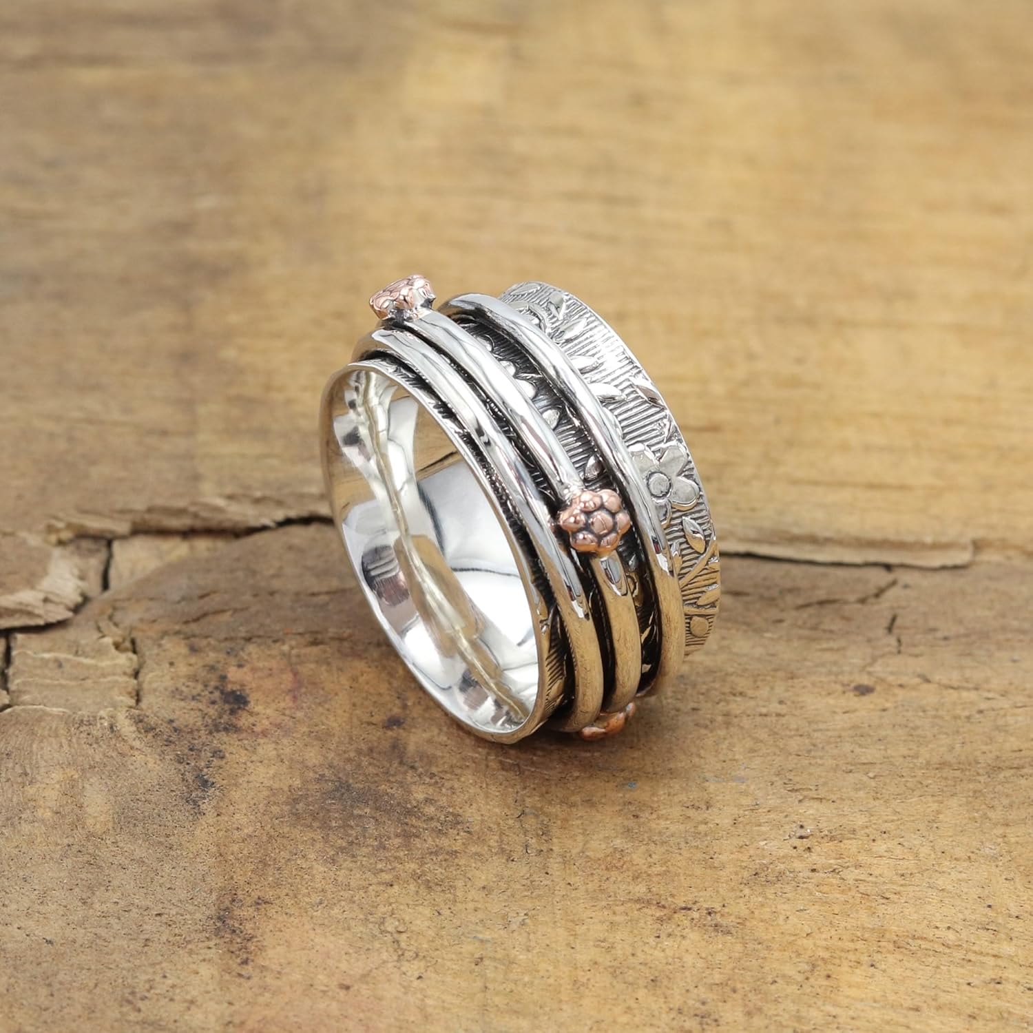 925 Sterling Silver Spinner Ring for Women – Floral Engraved Fidget Band