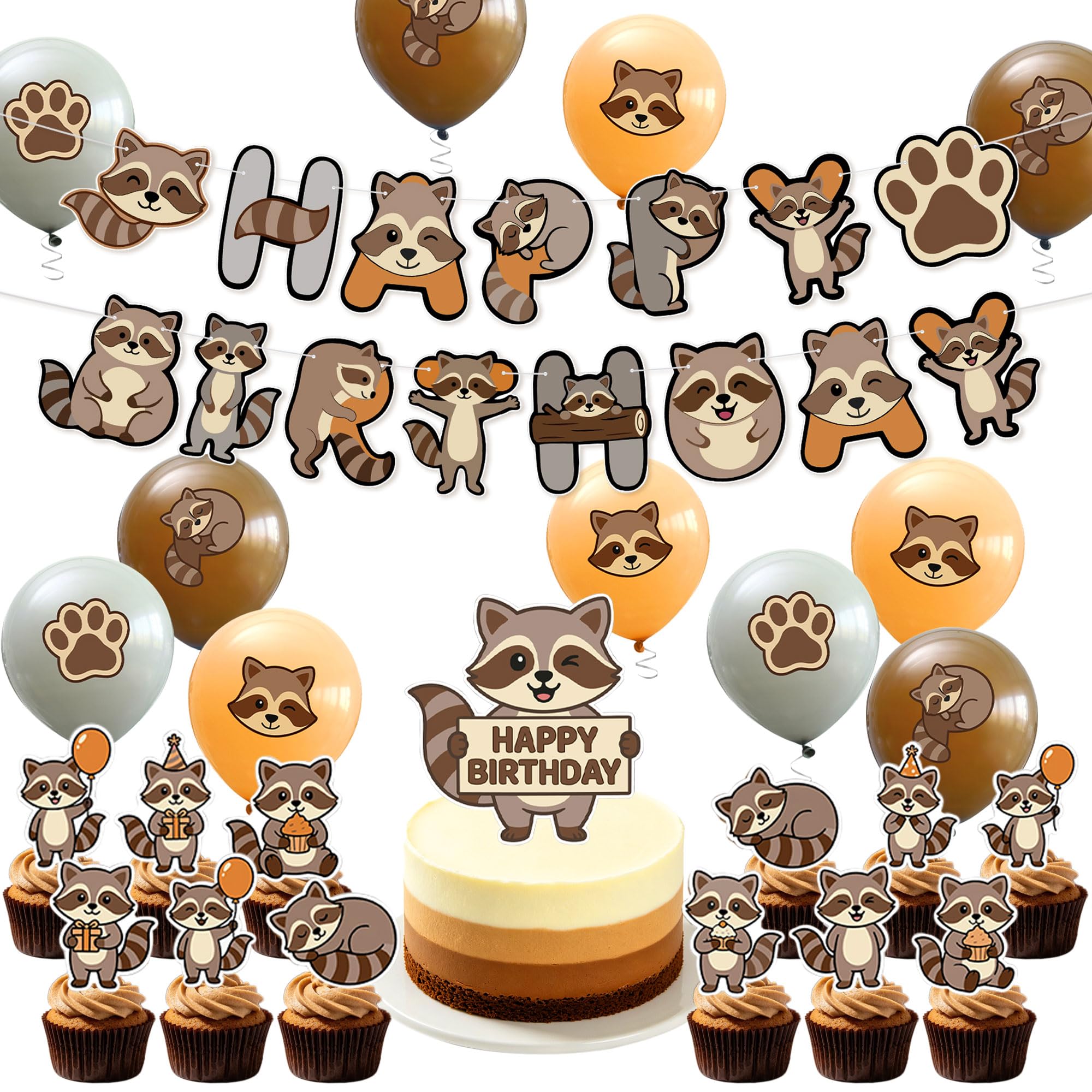 32PCS Raccoon Birthday Decorations Raccoon Happy Birthday Banner,Balloons,Cake Topper,Cupcake Topper for Raccoon Party Supplies