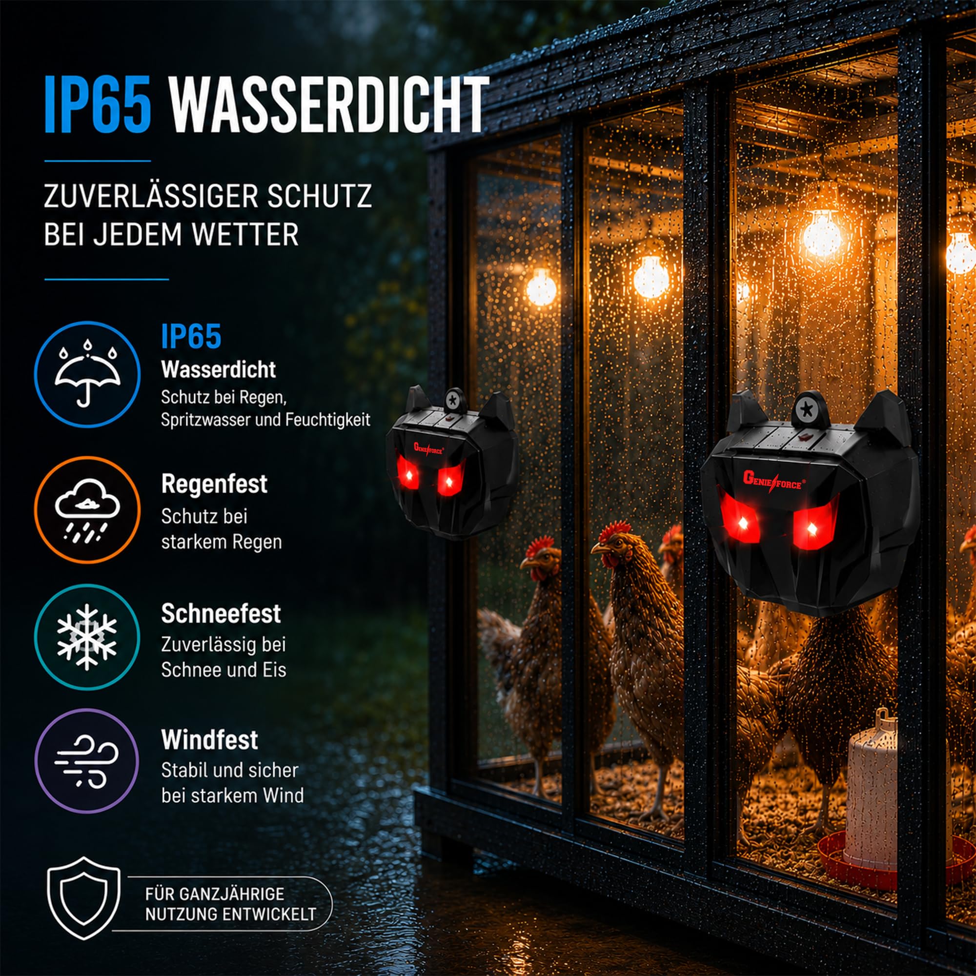 Genieforce® solarny odstraszacz zwierząt z czerwonymi diodami LED, odstraszacz zwierząt, przeciwko dzikim zwierzętom, drapieżnikom, kunom, lisom, szopom praczom, zasilaniu energią słoneczną na
