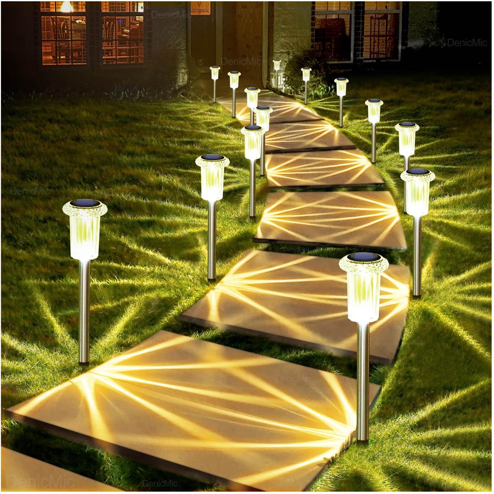 - DenicMic Solar Lights Outdoor 10 Pack Waterproof 3000K Warm White LED Stainless Steel Stake Outside Lights for Yard Pathway Garden Driveway Walkway Landscape Path Lighting