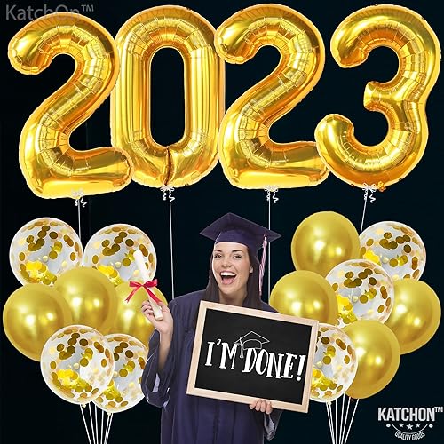 Miniatura 4 de KatchOn, Juego de globos dorados de graduación 2023, gigantes con decoración de pancarta de graduación roja  Decoraciones de graduación de clase de