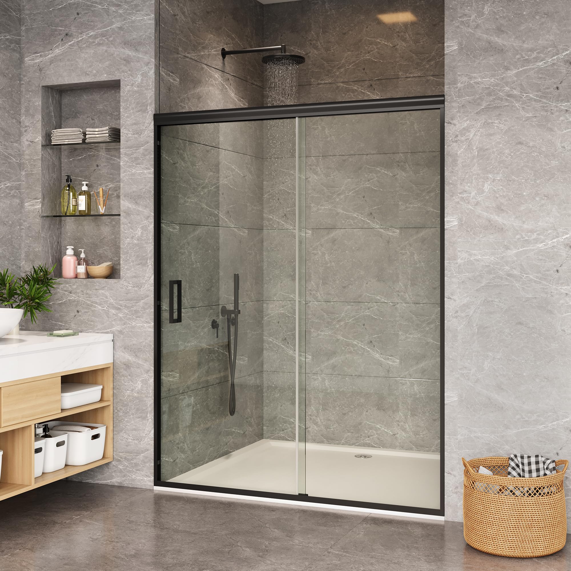 Shower Door 56-60" W x 72" H, Sliding Door, 1/4" (6mm) Clear Tempered Glass, Space-Saving Design for Modern Bathrooms