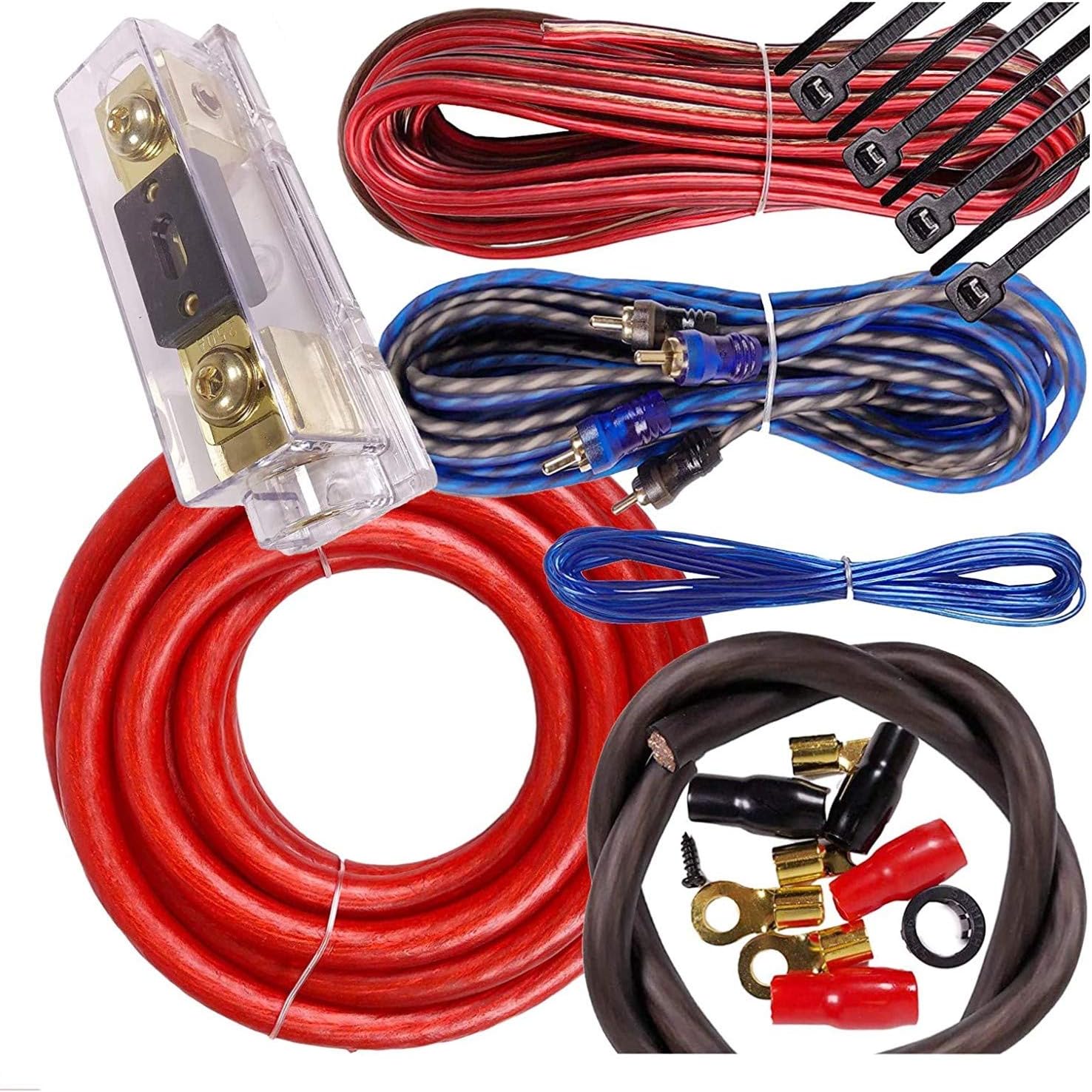 Audiotek 0 Gauge 5000 Watts Maximum Power Car Vehicle Audio Amplifier Installation Kit HOT Red with 17 ft Power and Turn on Cable/All Accessories and Terminal Included