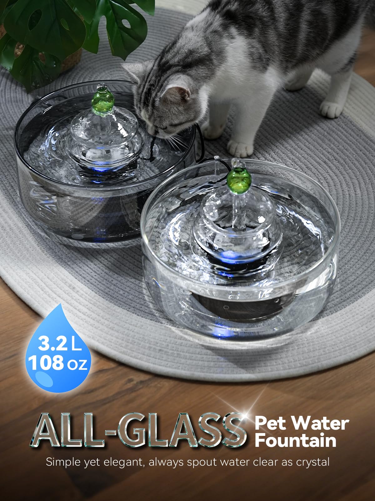 Fuente de agua de vidrio para gatos, fuente de vidrio para mascotas de 3.2 L/108 onzas con luz LED, dispensador de agua automático para gatos
