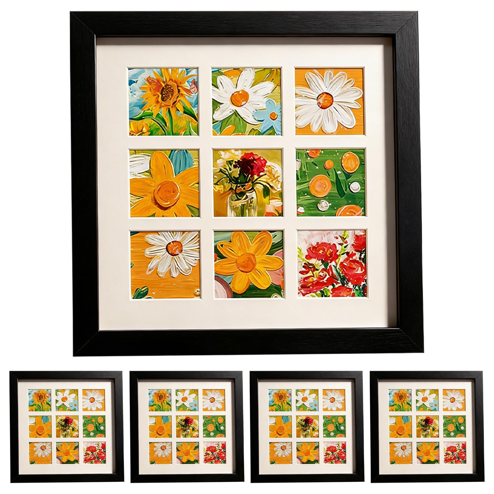 5 Pcs Photo Frames, 10.2x10.2cm Natural Wood Color Square Picture Frames, Black Small Photo Frame with Backing Board Cardboard Insert Acrylic Sheet for Wall Mount Desk Stand(4 Inch)