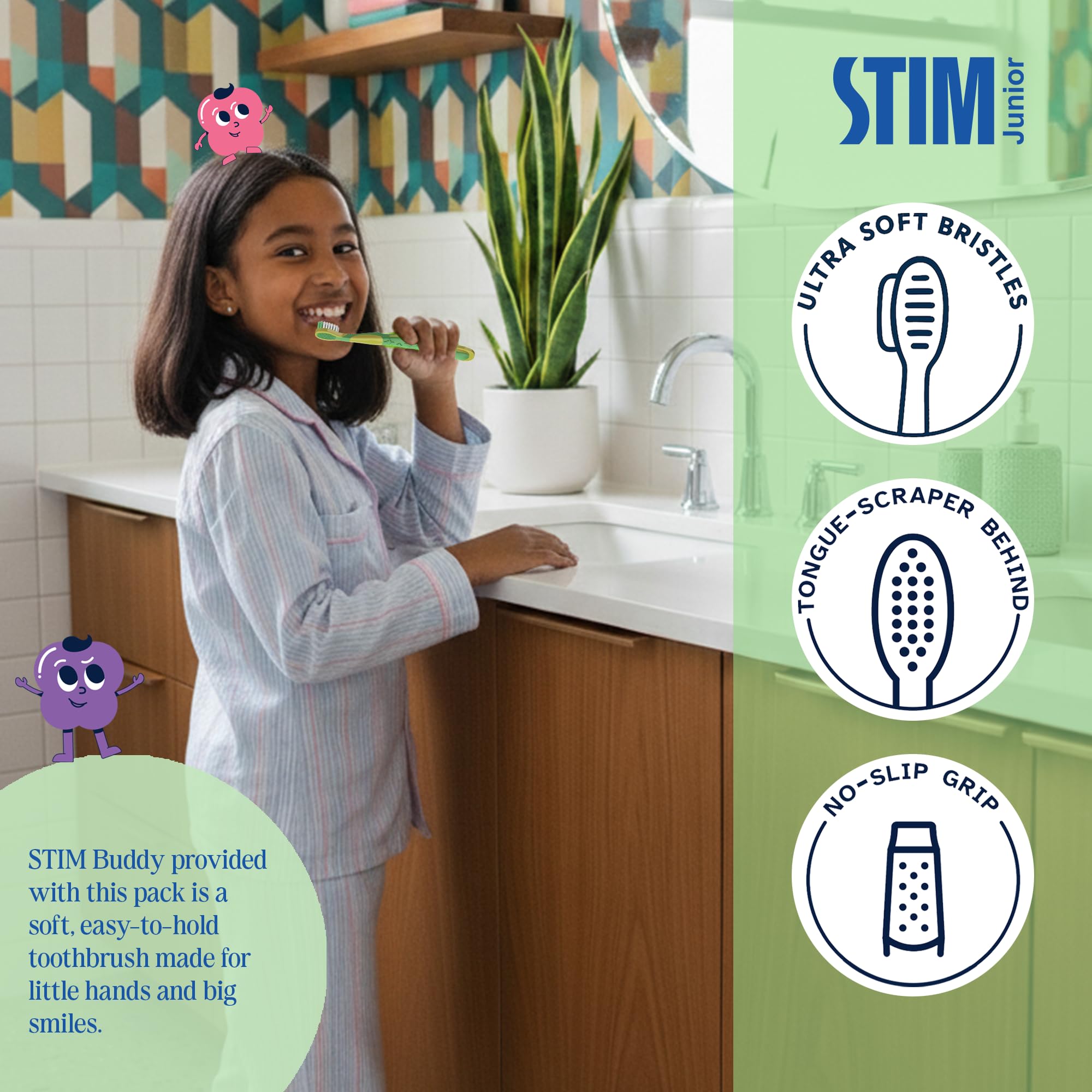 STIM Junior Kids Toothpaste | Age-Appropriate Fluoride | 3-10 Years | Mixed Berry Flavoured | SLS & Colour-Free Toothpaste | Enriched with Xylitol & Vitamin E | (Combo pack with toothbrush) - 2 Brushes - Image 5 thumbnail