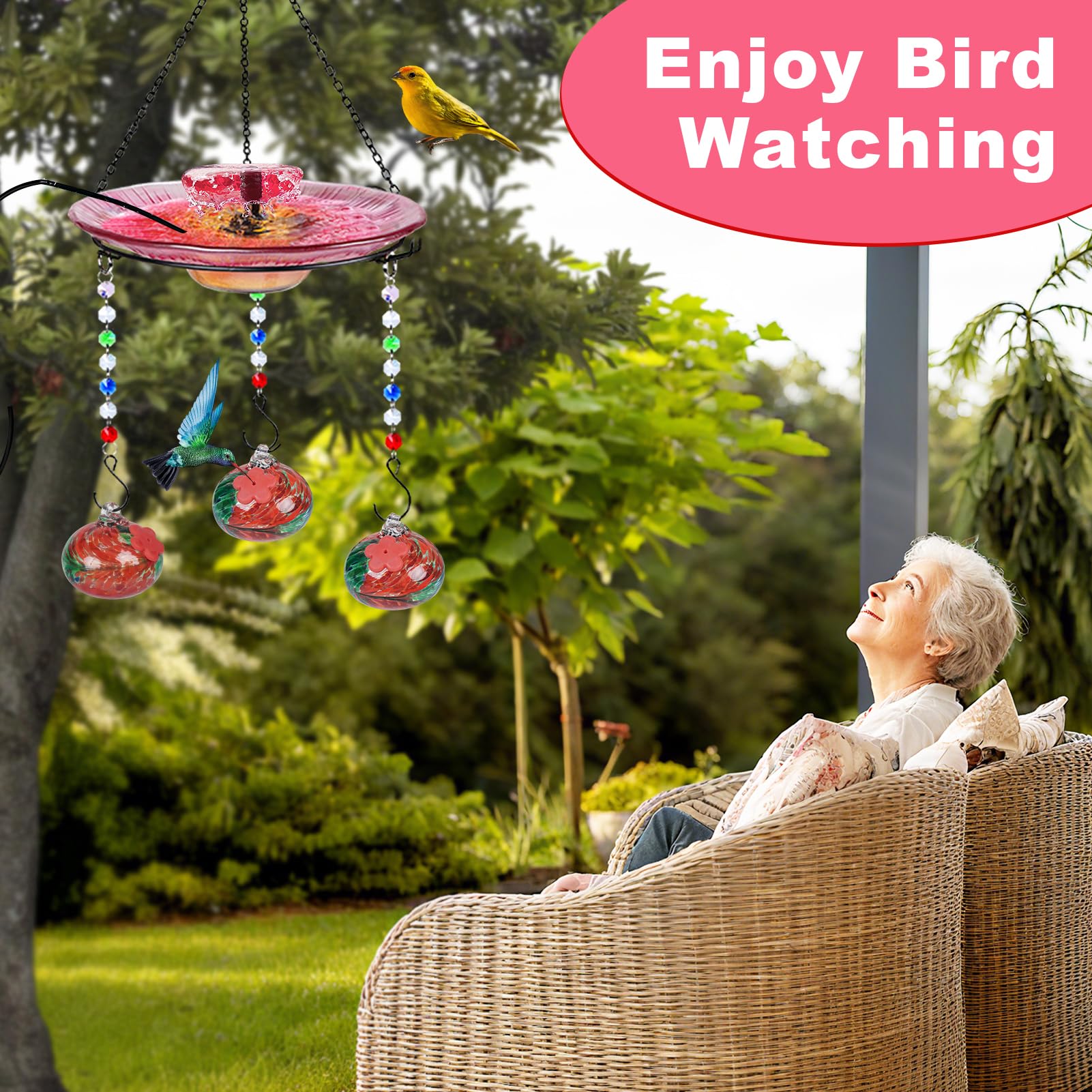 Headak Life Comedero de colibrí de vidrio soplado a mano para exteriores y baño de pájaros, 2 en 1 para pájaros pequeños, comedero colgante para colibríes, baño para pájaros para exteriores con bomba