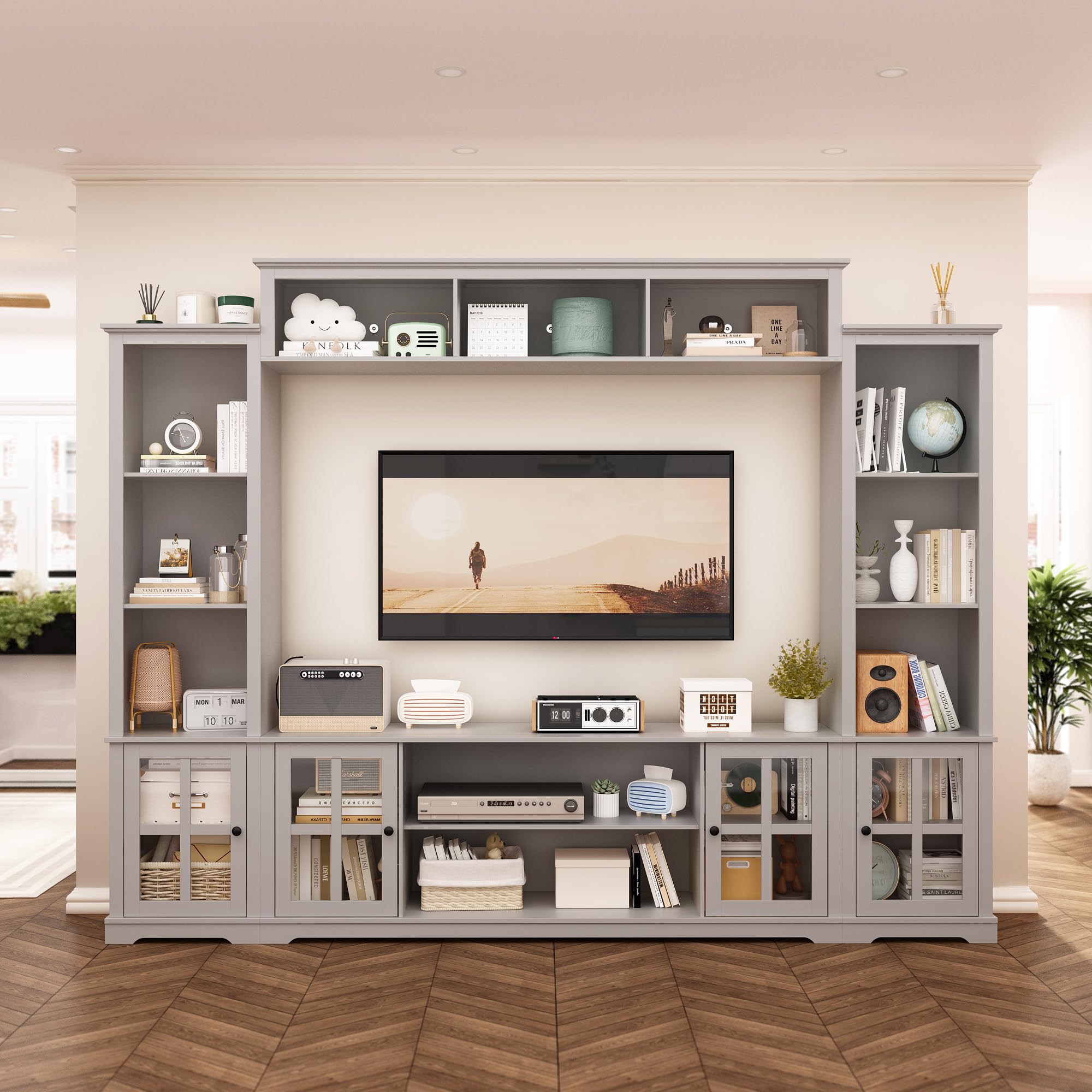 102" W 4-Piece Entertainment Center Wall Unit Set with Bookshelves & Glass Doors for TVs Up to 70", Modern TV Stand Large Media Console Cabinet with 19 Shelves for Home Theater, Grey (Small chip on wood)