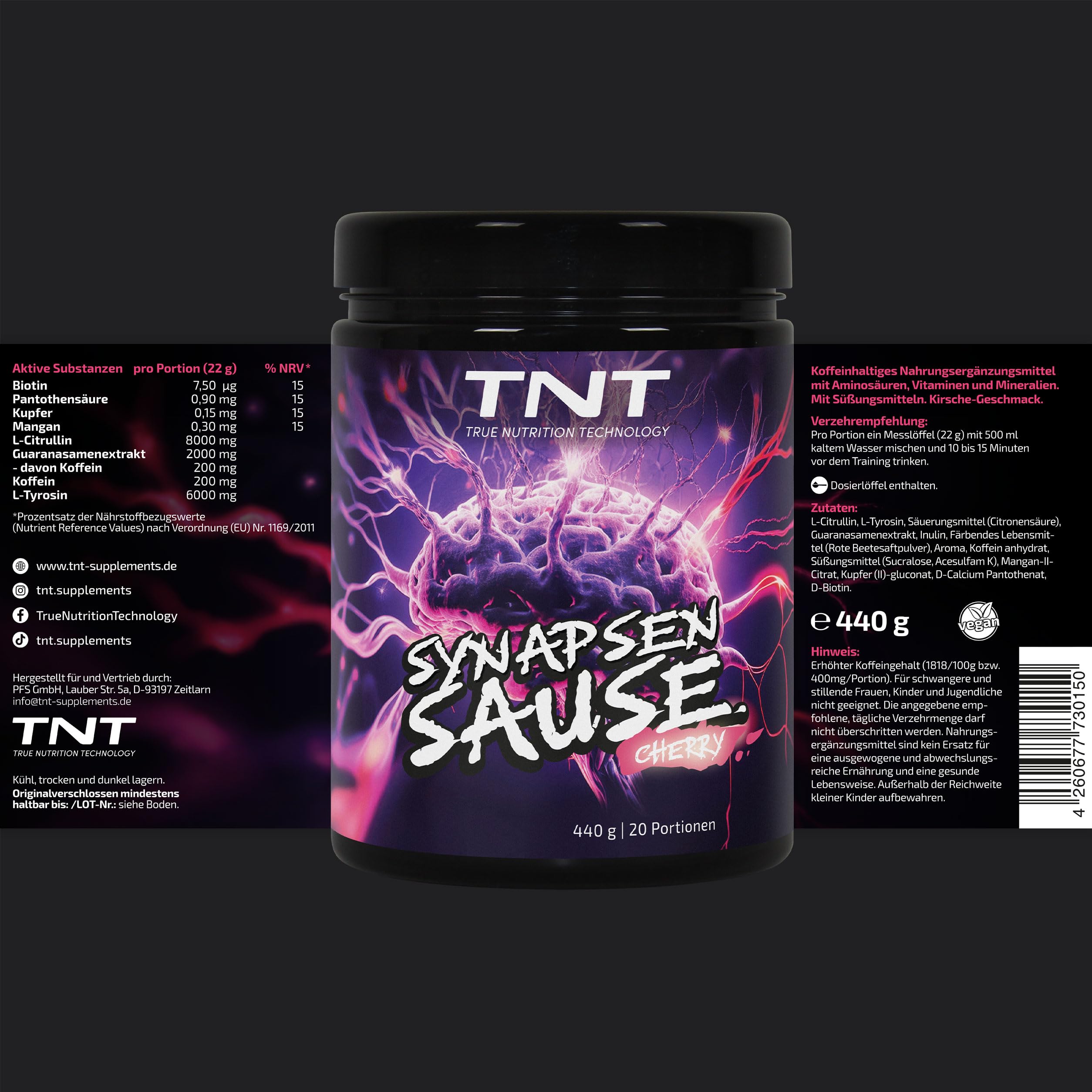 TNT Synapsensause - 440g - Pre–Workout Booster - Kirsche - 20 Portionen