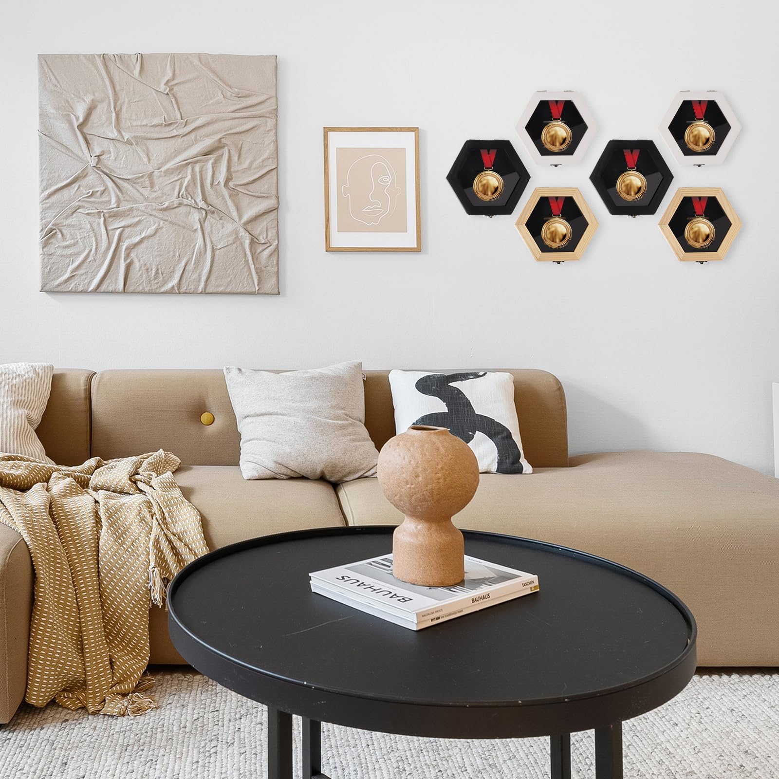 PATIKIL 6 Piezas De Estuche para Mostrar Medallas, Marco De Exhibición De Medallas De Madera Hexagonal Colgador De Pared para Insignias Caja Sombra para Maratón Distintivo, Negro