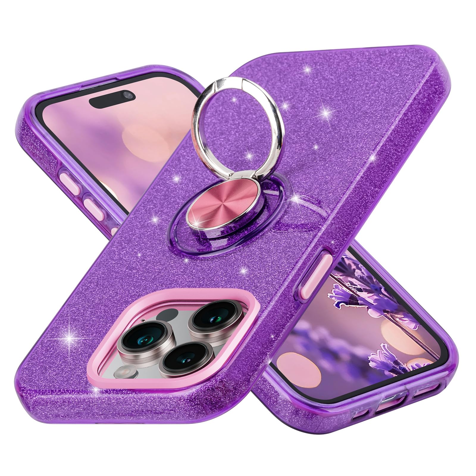 wisdompro Case for iPhone 15 Pro Max, Cute Glitter Bling Sparkle Protective Case with Ring Kickstand