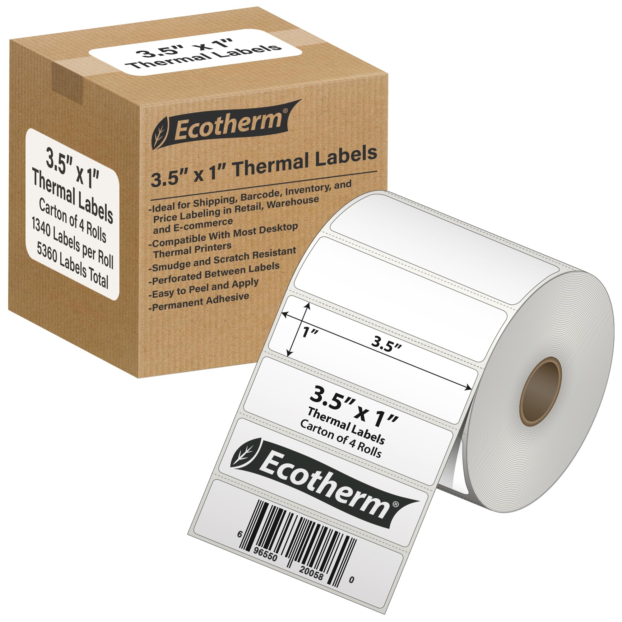 3.5" x 1" Thermal Labels | 4 Rolls | 5360 Labels | fits Zebra, Munbyn, Rollo, Godex, Arkscan, iDPRT, Offnova Thermal Label Printers and More | Blank