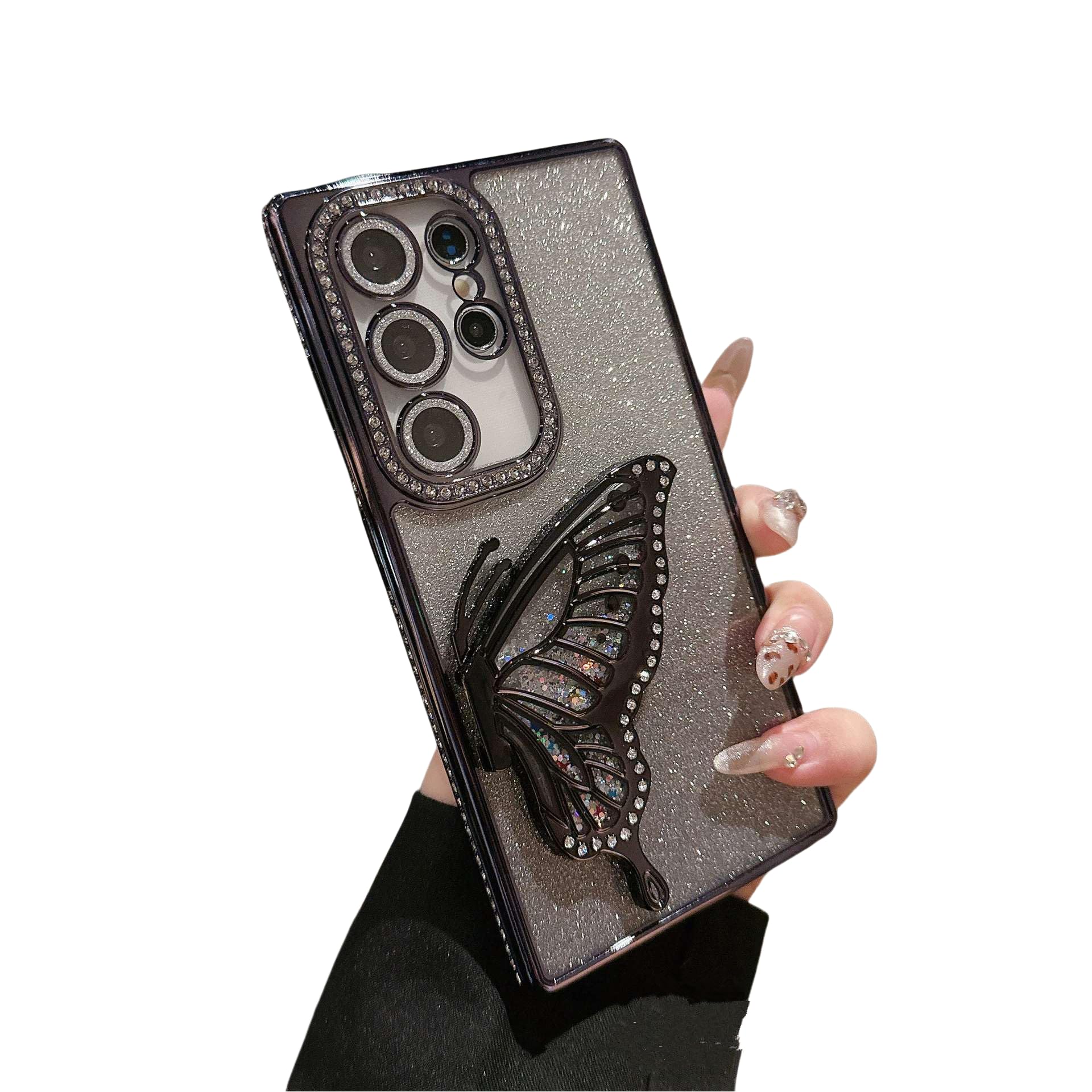 Caseative for Samsung Galaxy S22 Ultra Case,Glitter Bling Sparkle Butterfly Flowing Liquid Quicksand Phone Case (Black,S22 Ultra)