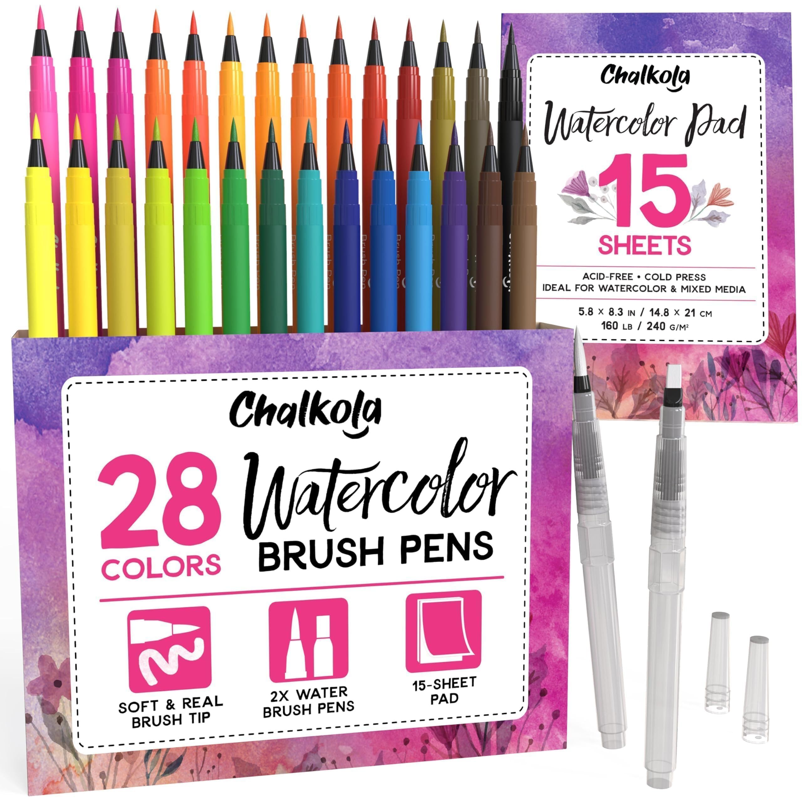 Watercolor Brush Pens | 28 Colors with 15-Sheet Watercolor Pad & 2 Blending Brush - Paint Markers for Painting, Coloring, Calligraphy, Drawing for Kids, Artists, Beginner Painters - Real Flexible Tips