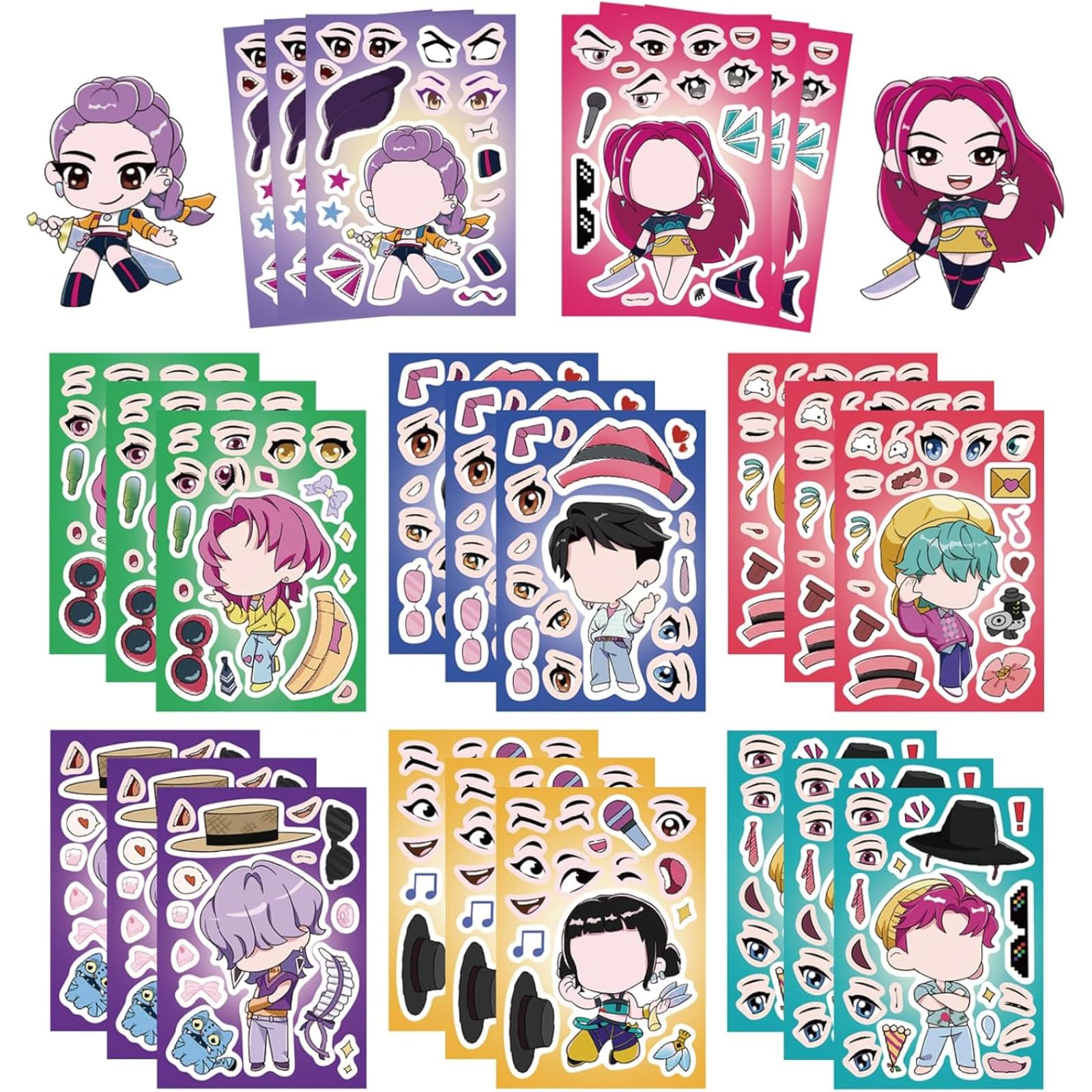 24Pcs Kpop Make a Face Stickers for Kids, 8 Designs DIY Mix and Match Korean Hunters Anime Stickers, Create Your Own Character Vinyl Decals for Birthday Party Favors, Goodie Bag Fillers, Gifts