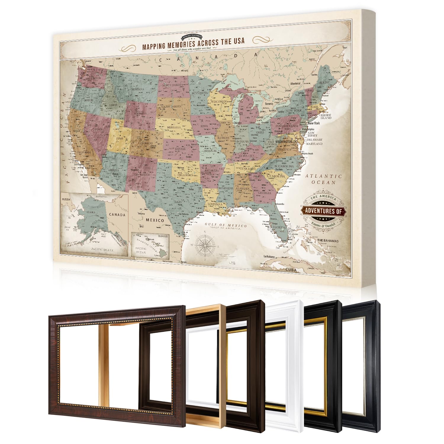 DECORARTS Personalized Push Pin Travel Map USA, Soft Pastel Canvas, 40x30''
