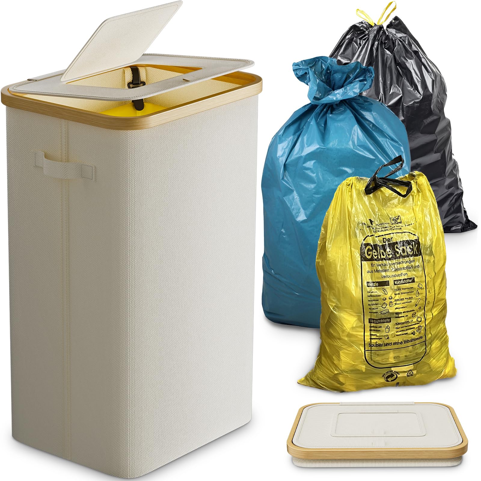 DOKRVLOQ Gelber Sack Ständer Stabil mit Deckel - Großer Mülleimer & Müllsackhalter für Küche & Haushalt | 70L-120L Müllsystem Behälter Weiß - Praktischer Müllsackständer