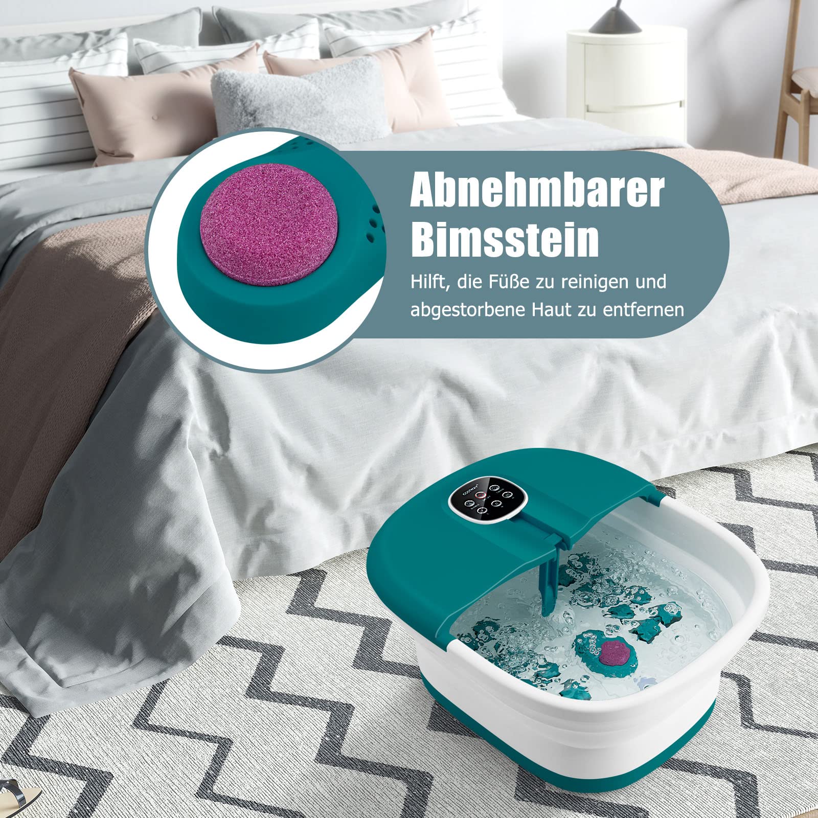 RELAX4LIFE Elektrische Fußmassageräte mit Massage & Heizung, 500W, Fußsprudelbad klappbar mit 16 Shiatsu-Rollen & Pediküre-Bimsstein, 20/60 min. Timer, 41/43/45℃, Fußbad als Geschenk (Türkis)