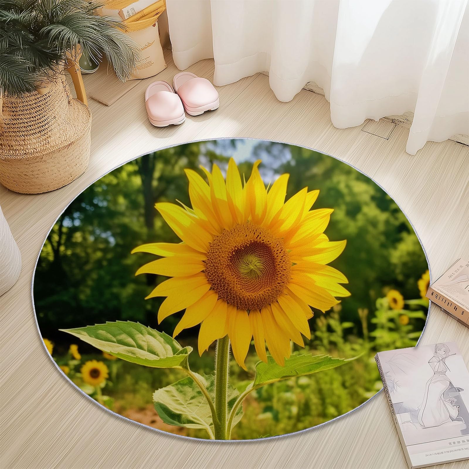 Tapis rond 120 cm en flanelle jaune et vert à motif tournesol lavable