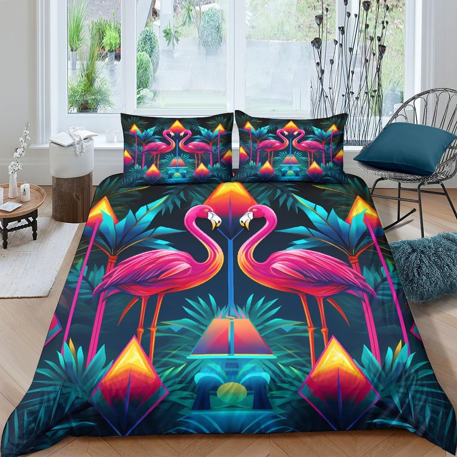 Ctjqhvkz Style-3 3D Printed Neon Flamingo Fitted Sheet Microfiber Soft Breathable Tropical Night Bed Cover For Bedroom Dorm Mattress Protection Decor Single（135X200cm）
