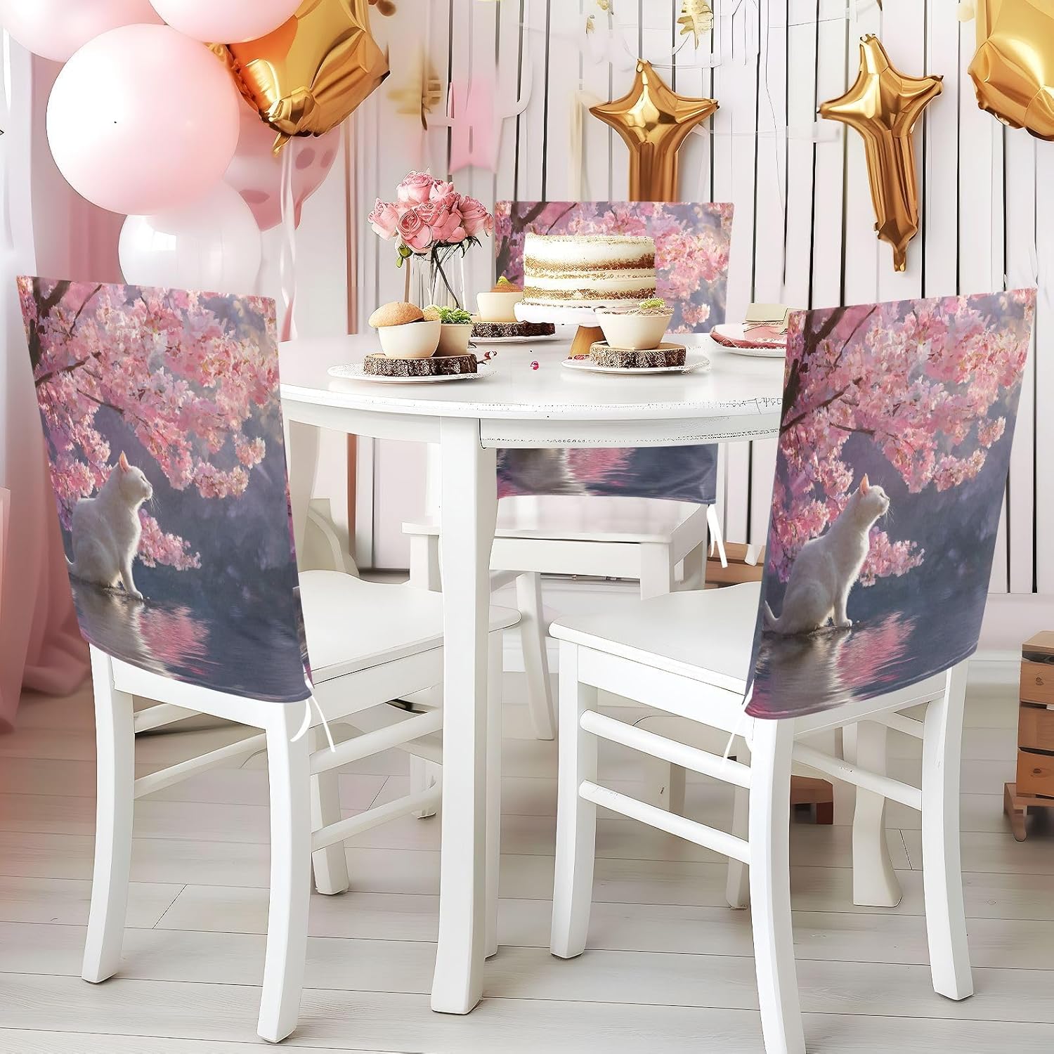ALAZA Cats Cherry Flowers Chair Back Cover Set of 6, Washable Reusable Removable Chair Slipcovers Decorative Chair Cover for Home Kitchen Wedding Party
