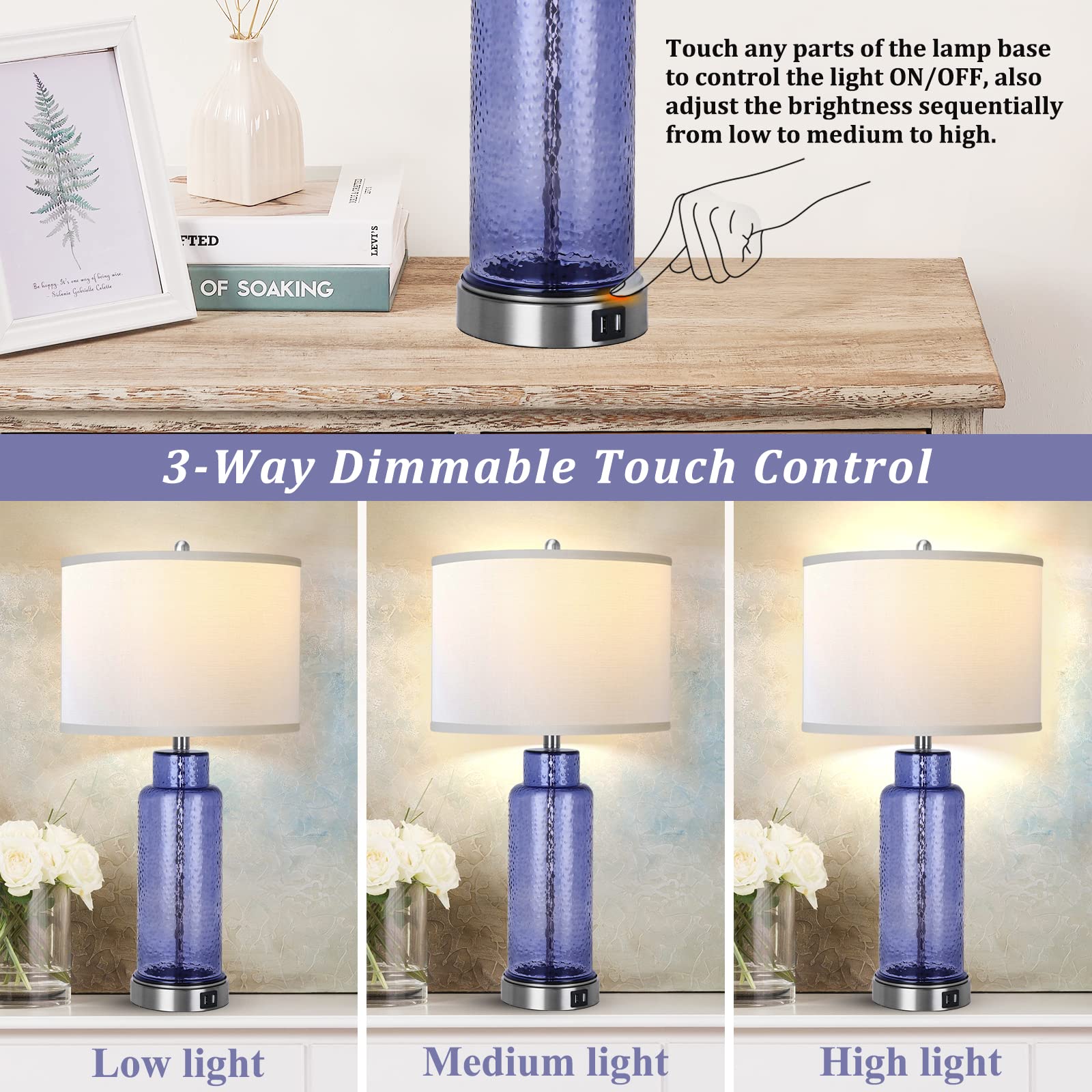 Table Lamps for Bedrooms Set of 2, Blue Glass Beside Lamps for Living Room with White Drum Shade Touch Control USB Ports, 26" Large Modern Coastal Nightstand Lamp for Home Decor(LED Bulbs Included)