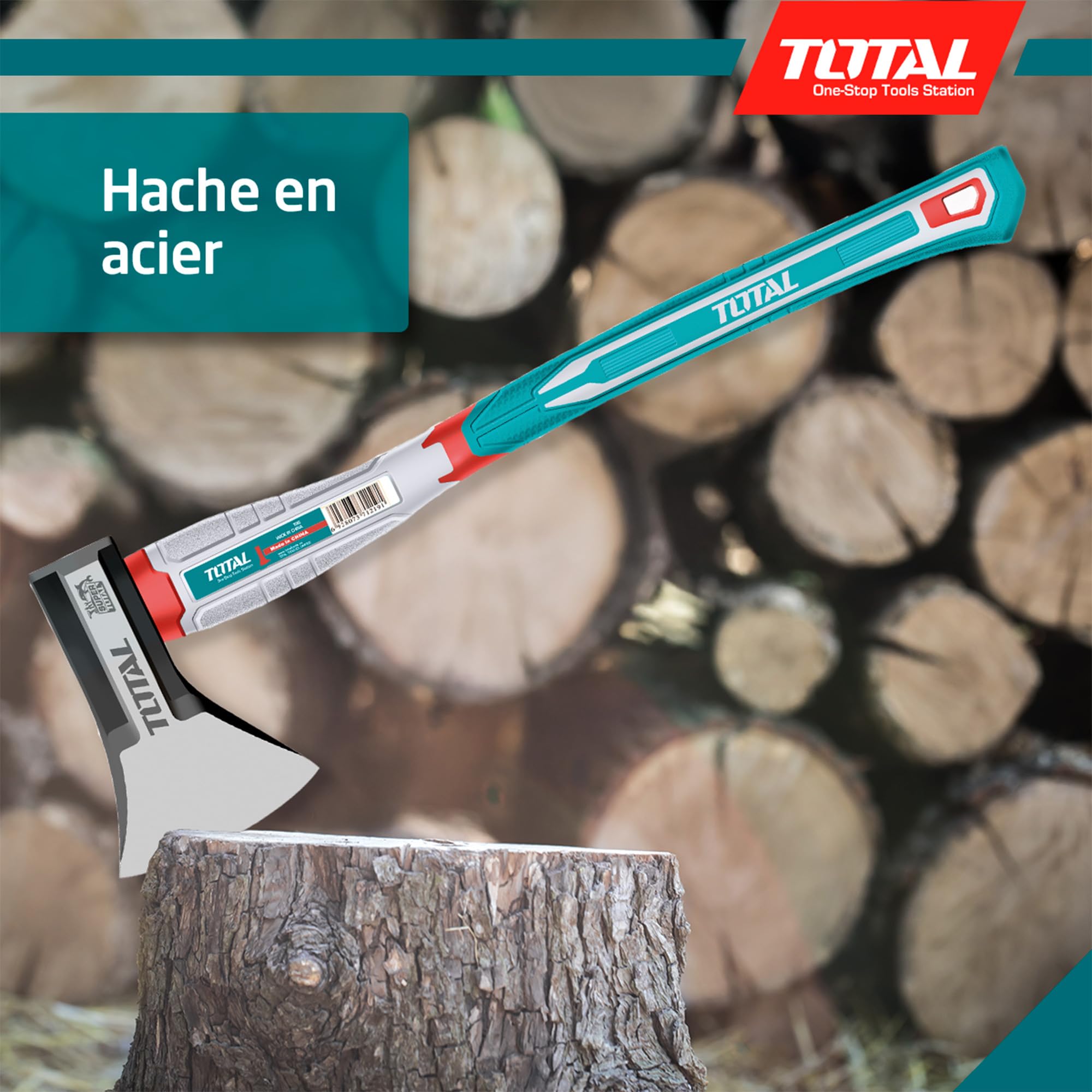 Total - Hache avec Manche en Fibre | Lame en Acier au Carbone | Prise en Main Confortable et Coupe précise | pour Bricolage, Camping et Jardinage | Poids : 1250 g