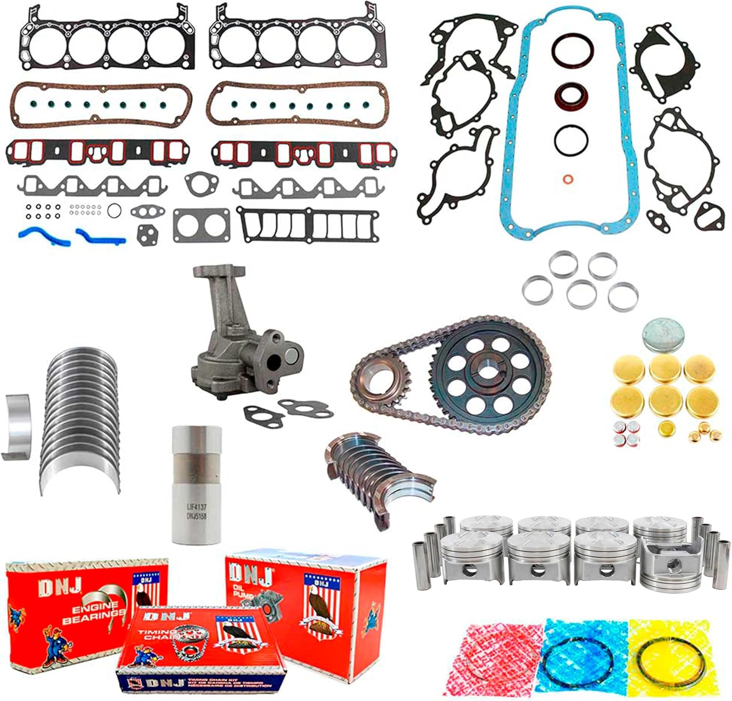 DNJ EK4113BM Master Engine Rebuild Kit for 1990-1991 Ford Bronco, E-150 Econoline, E-150 Econoline Club Wagon 5.0L V8 16V OHV 302cid