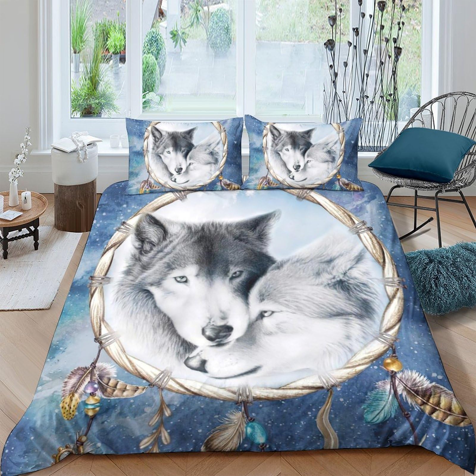 Ctjqhvkz Style-8 3D Printed Wolf Dreamcatcher Fitted Sheet Microfiber Soft Blue Animal Pattern Mattress Cover For Bedroom Dorm Decor Single（135X200cm）