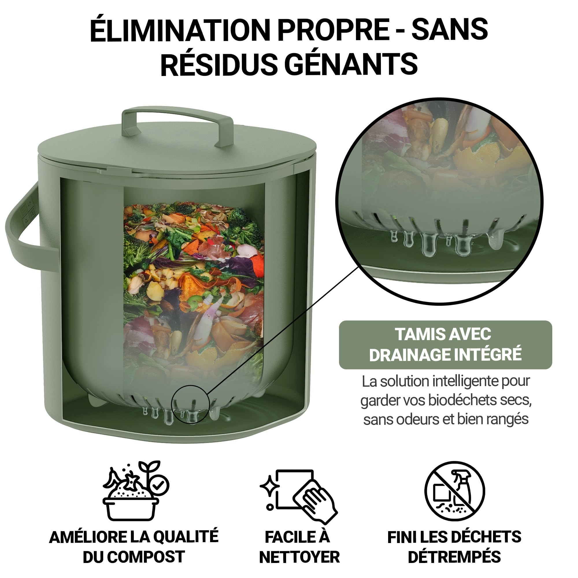 Poubelle Compost Cuisine 6L avec Couvercle et Grille - Lavable Lave-Vaisselle Anti-Odeur