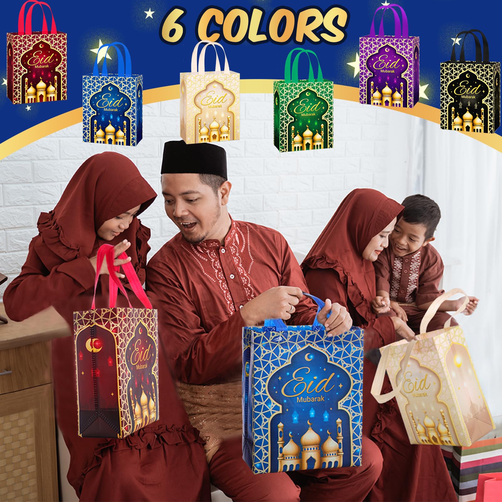 Clysee 24 Pcs Eid Mubarak Reusable Gift Bags With Handles - 6 Colors Non-Woven Ramadan Treat Bags - 10.2 x 8.3 x 3.9 Inch Tote for Gifts Wrapping