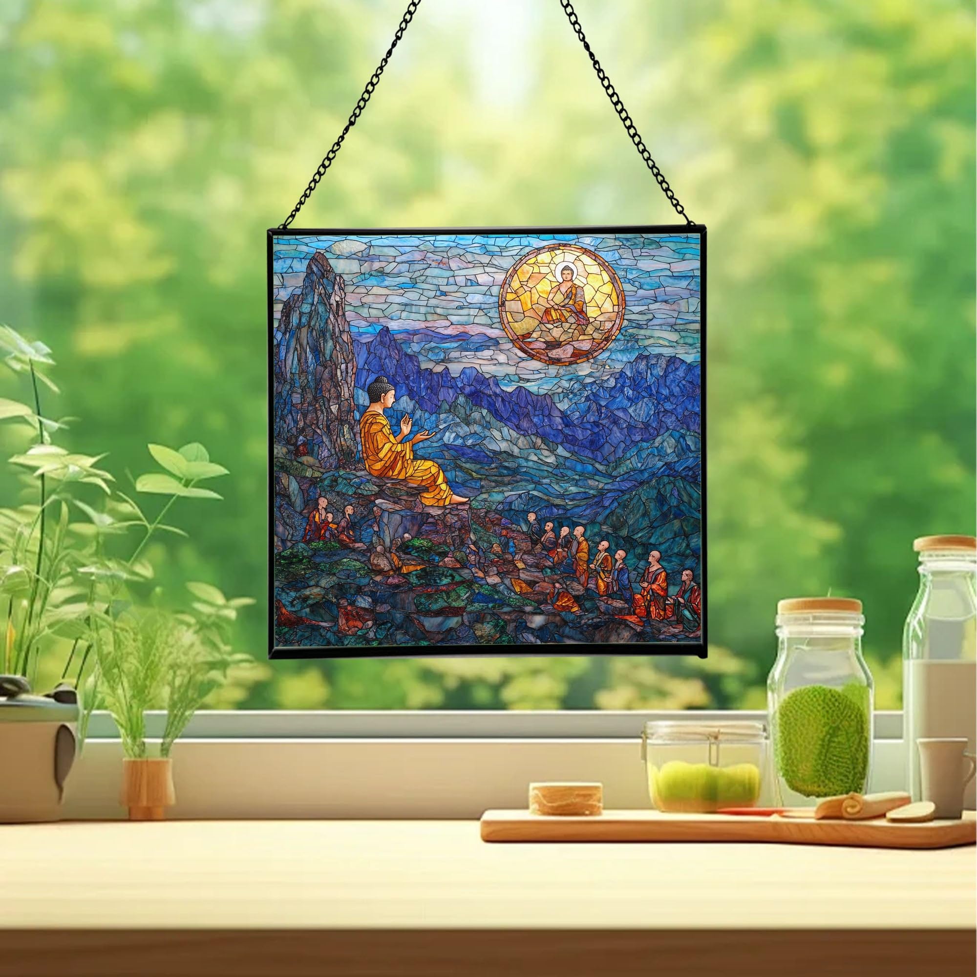 Buddha Vulture Peak Stained Glass Suncatcher – Square Hanging Window Panel for Meditation Room, Zen Space, or Home – Peaceful Spiritual Glass Art Gift, Christmas, Thanksgiving KWkeeS