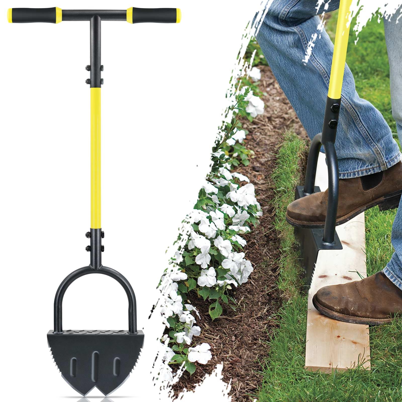 Jardineer Edger Lawn Tool Long Handle, Upgraded Manual Grass Edger with Double V-Shaped Serrated Edge Blade and Wide Footplate, Edgers for Landscaping Yard Maintenance