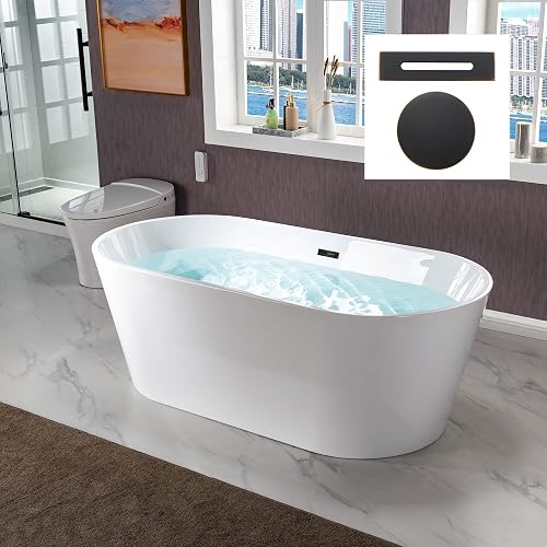 WOODBRIDGE 67" Acrylic Freestanding Bathtub Contemporary Soaking White Tub with Oil-Rubbed Bronze Overflow and Drain，B0013-ORB