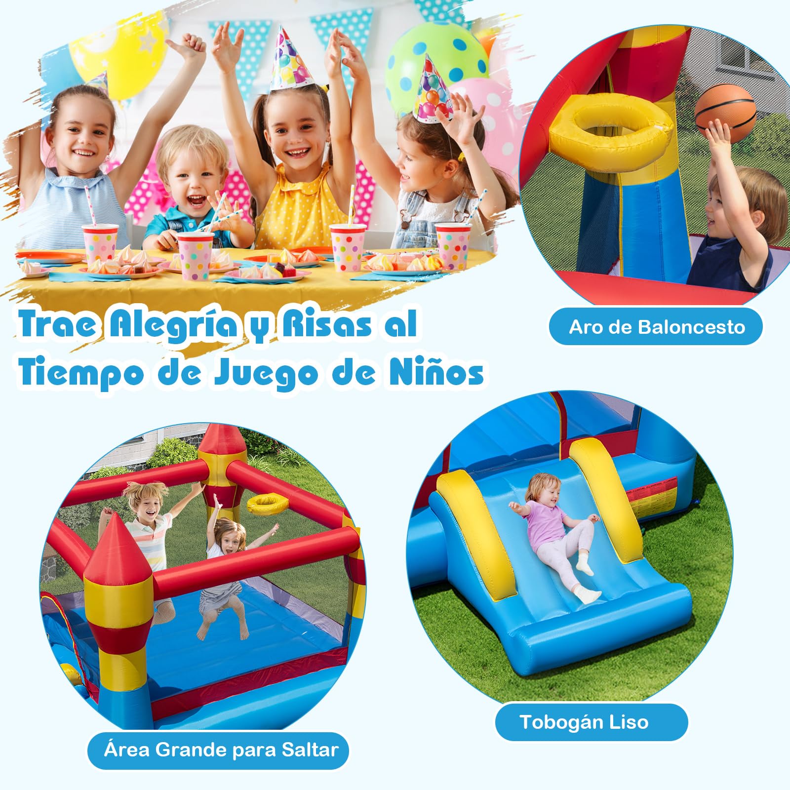 COSTWAY Castillo Hinchable con Tobogán y Aro de Baloncesto para Niños, 370x280x230cm Infantil Juguete para Parque Patio Jardín (con Soplador 550W)