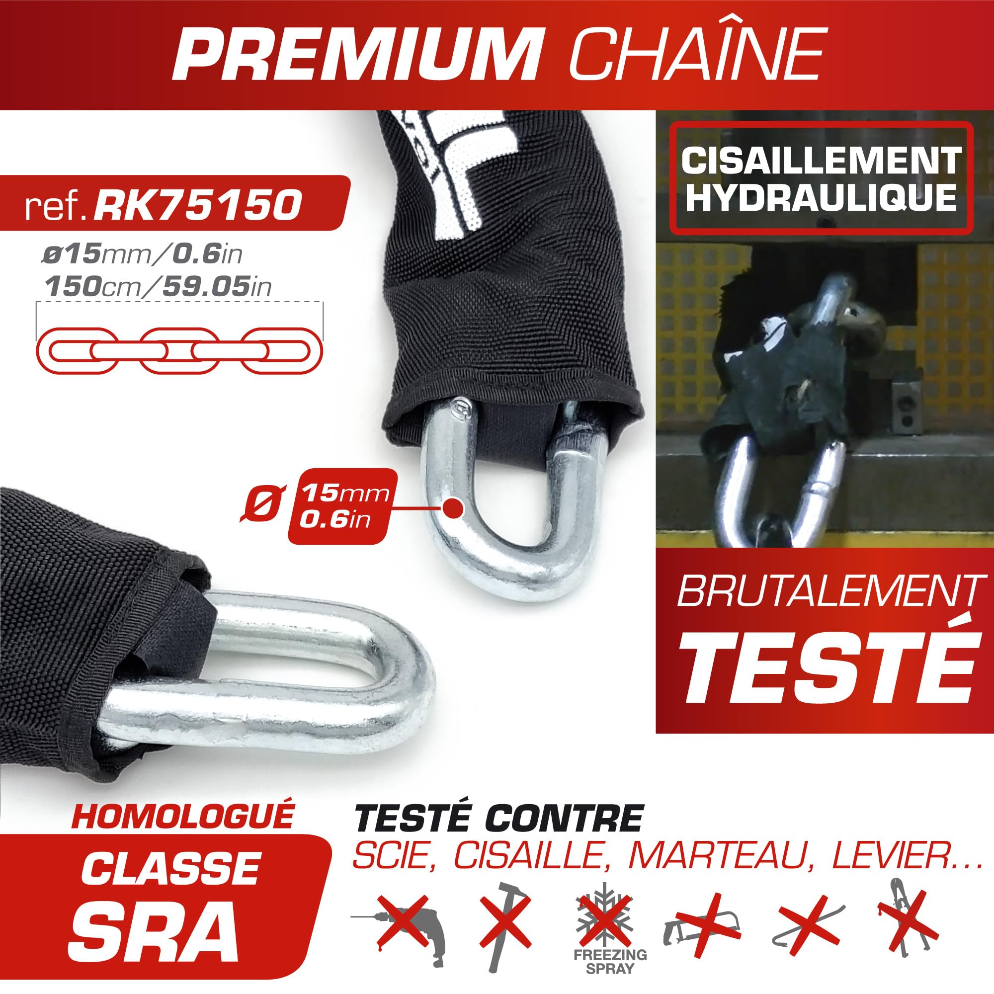 RADIKAL RK75150 Chaine Antivol Lourd Premium ø15mm + Mini U, Haute Sécurité Homologué SRA, 150cm Entièrement Testée +Visible, Antivol Multifonction pour Disque Frein, Ancrage, Parking, Scooter, Velo