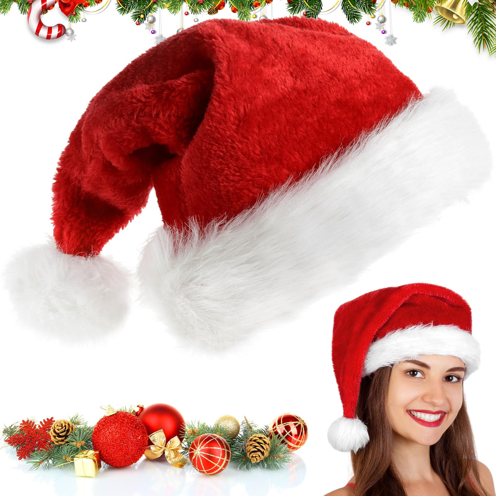 Bonnet De Noël Adulte - Rouge Et Blanc Avec Pompon - Doux En Peluche, Taille Unique Homme Femme - FUKPO - 3