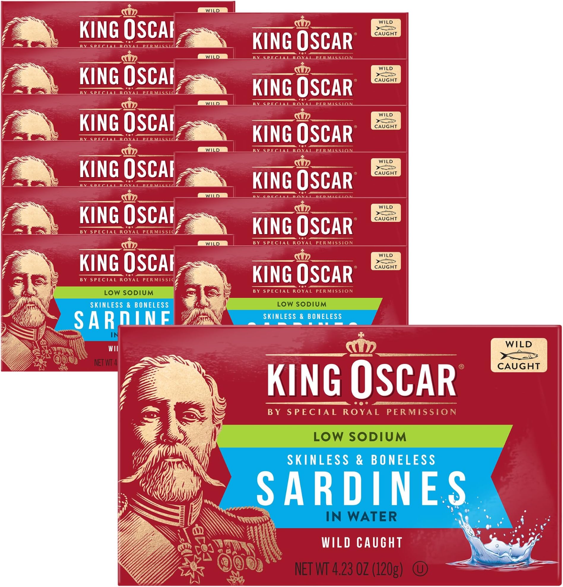 King Oscar Sardines in Water, 4.23 Ounce Cans (Pack of 12, Packaging May Vary), Skinless & Boneless, Wild Caught Canned Sardines, Low Sodium
