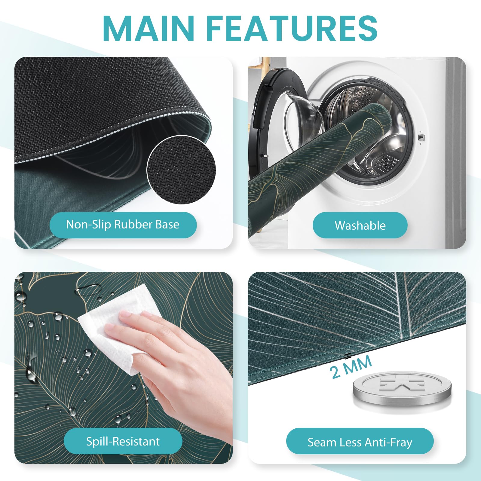 Sous-main 4 en 1 pour clavier et souris, tapis de souris ergonomique vert avec repose-poignet en mousse à mémoire de forme, grand sous-main, support de poignet doux pour clavier (feuilles de