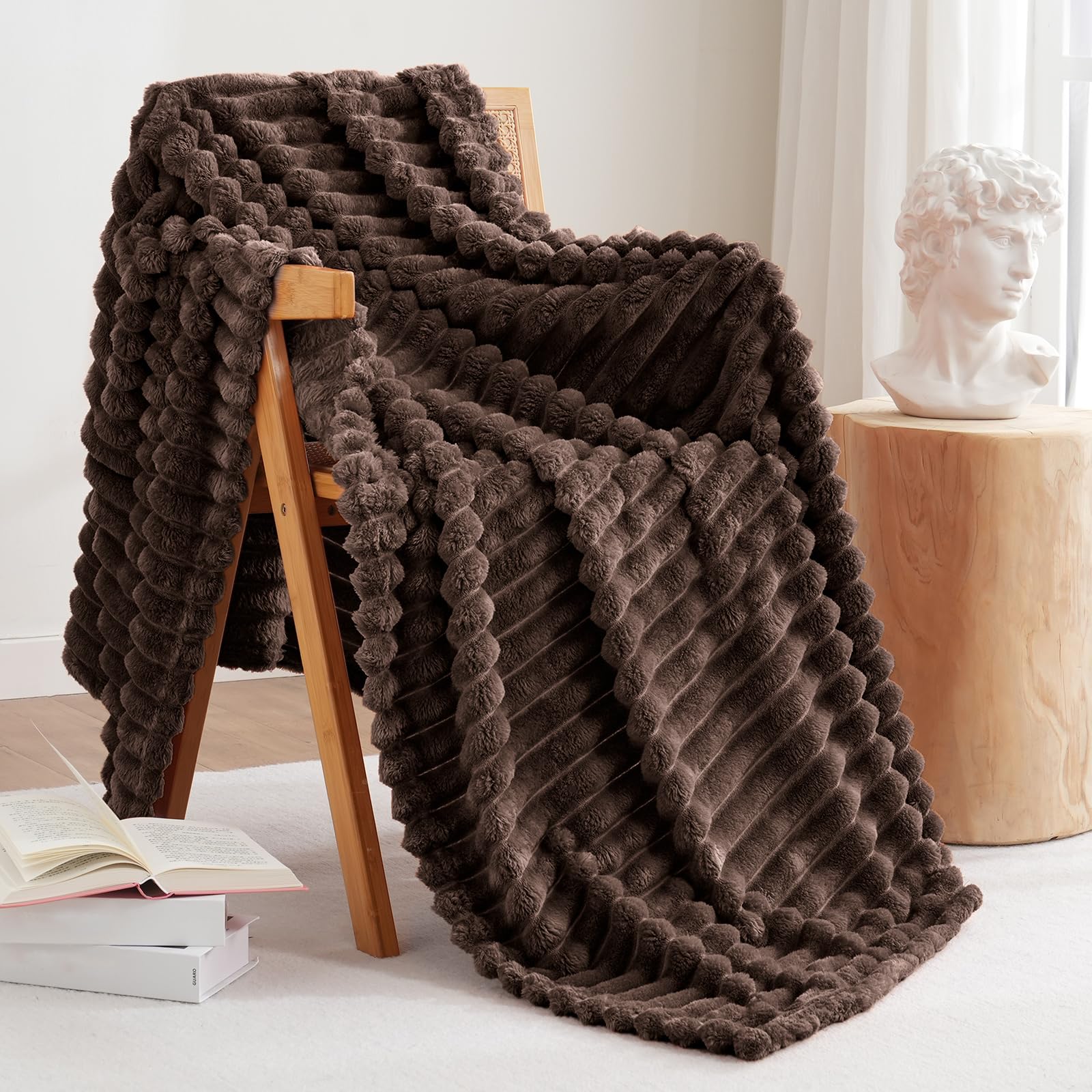 Excervent Solid Striped Flannel Fleece Blanket (60x80 inches, Brown) Cozy Throw Blankets for Couch Sofa and Bed, Super Soft Luxurious Warm Blankets