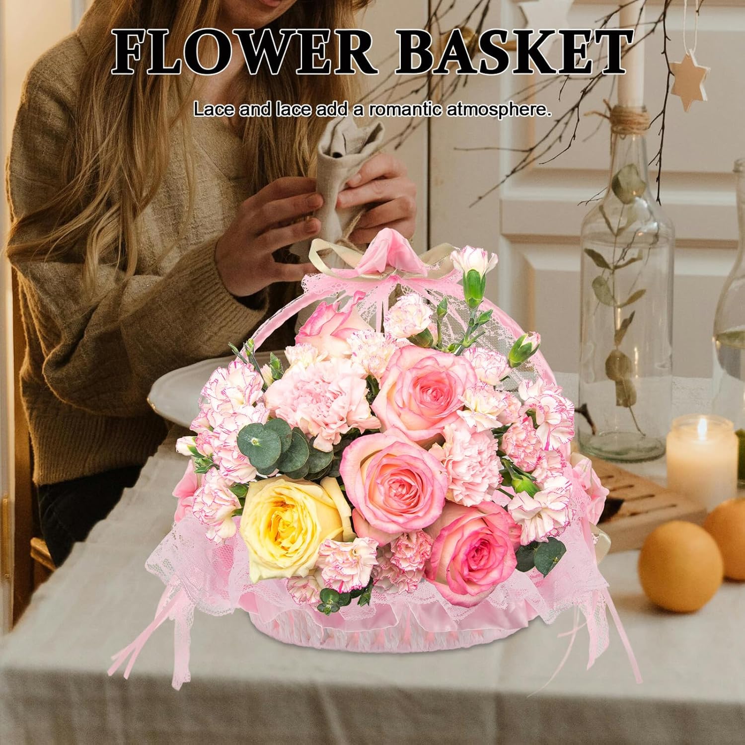 Flower Girl Basket Woven Wedding Basket with Lace Bowknot for Wedding Ceremony and Party Supplies