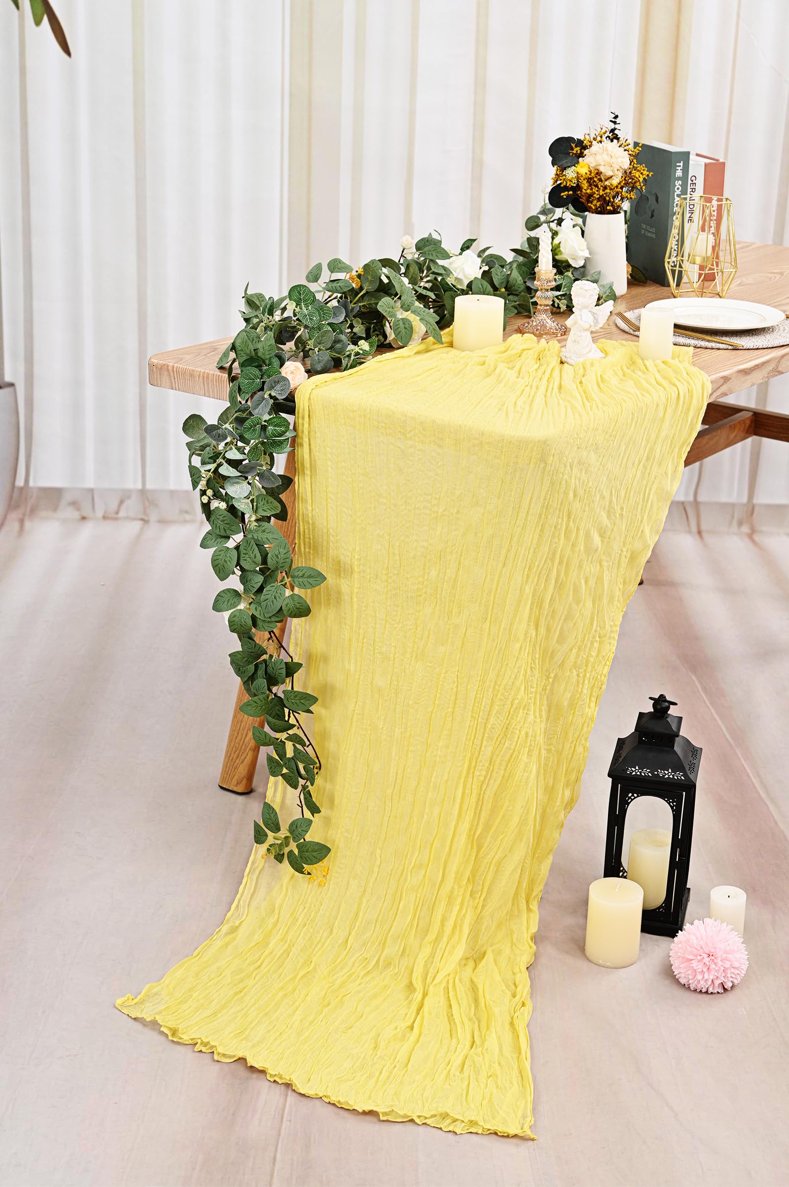 Paquete de 12 Caminos de Mesa de Gasa Amarillo Claro de 35 x 120 Pulgadas, Camino de Mesa de Gasa de 10 pies, Camino de Mesa Bohemio rústico para Boda, Despedida de Soltera, graduación, Banquete,
