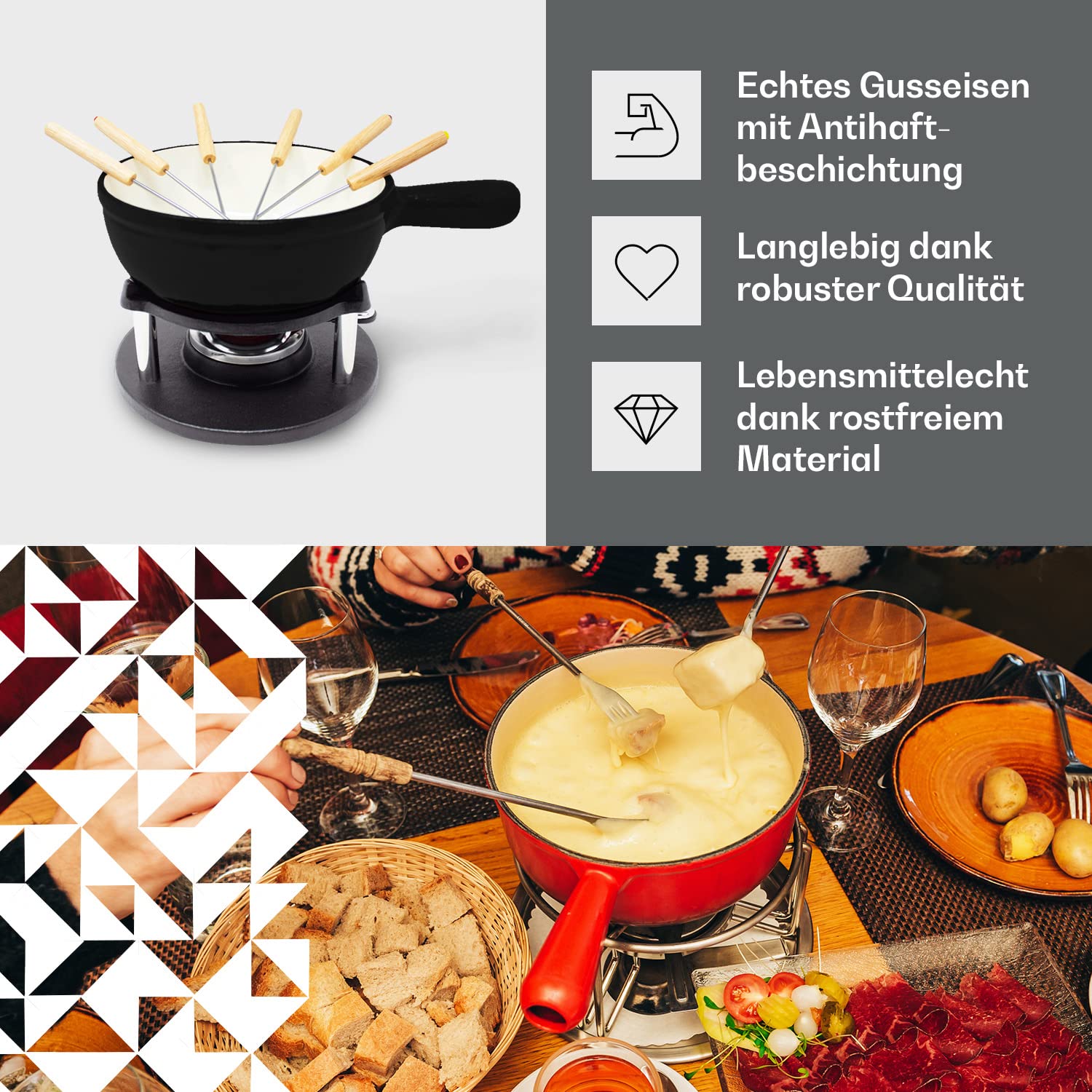 Fondueset inklusive 6 Fondue Gabeln | Käsefondue mit Stövchen 1,5L | Emailliertes Fondue für Fleisch geeignet | Gusseisen Fondue auch mit Brühe einsetzbar | Schokofondue Farbe: schwarz