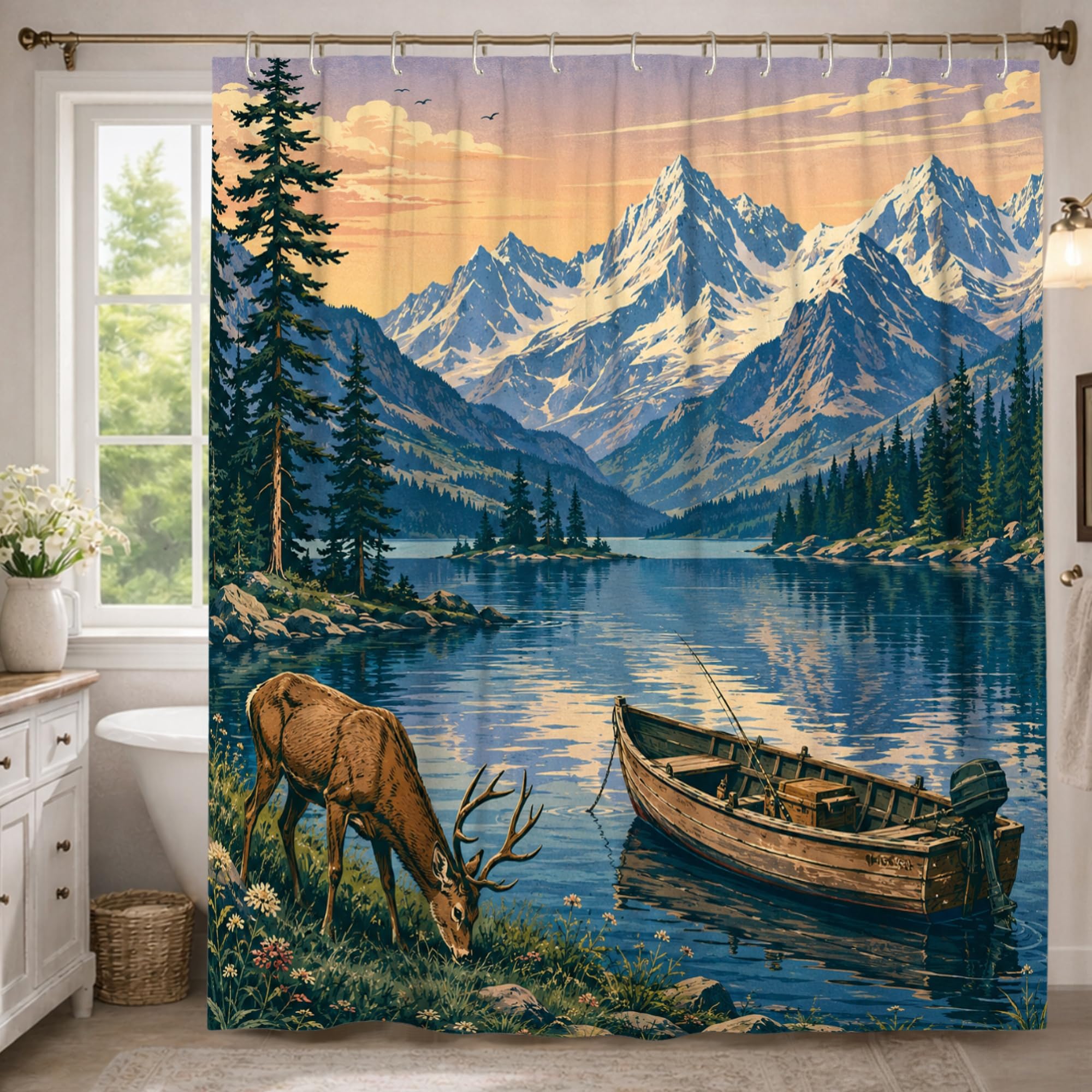 Rideau de douche extra long 183x243 cm en polyester imperméable motif montagne