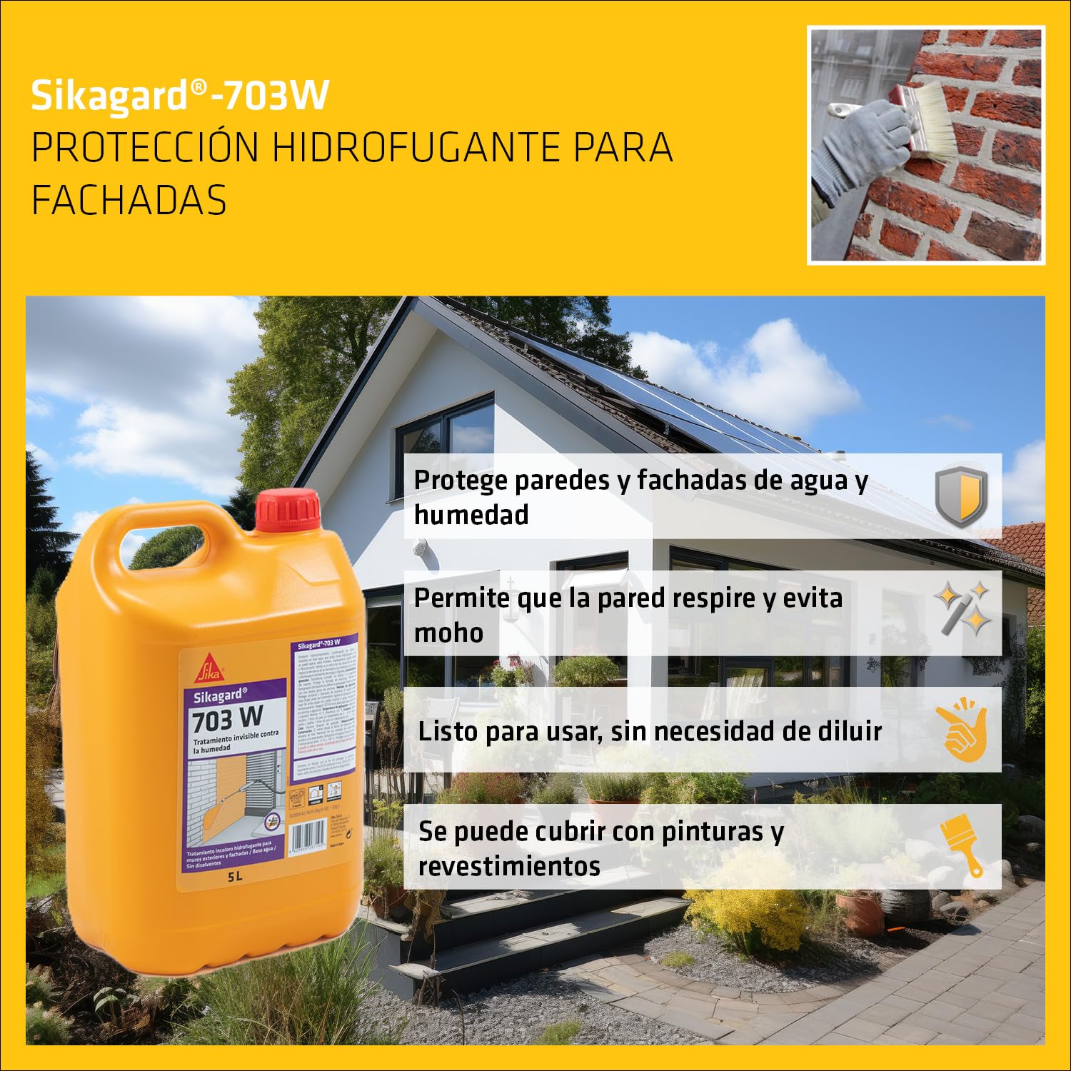 SIKA - Impregnación repelente al agua - Sikagard 703W - Transparente - Lista para su uso - Para proteger las fachadas frente a la penetración del agua - 5L
