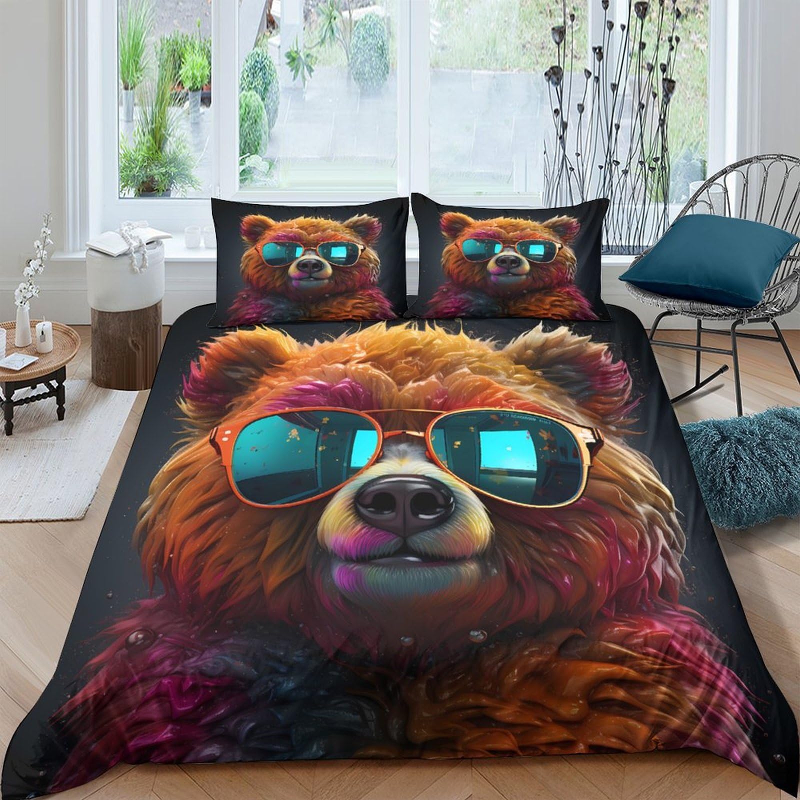 Ctjqhvkz Style-6 3D Printed Cool Bear Fitted Sheet Microfiber Non Slip Bed Cover With Sunglasses Pattern For Bedroom Dorm Decor Single（135X200cm）