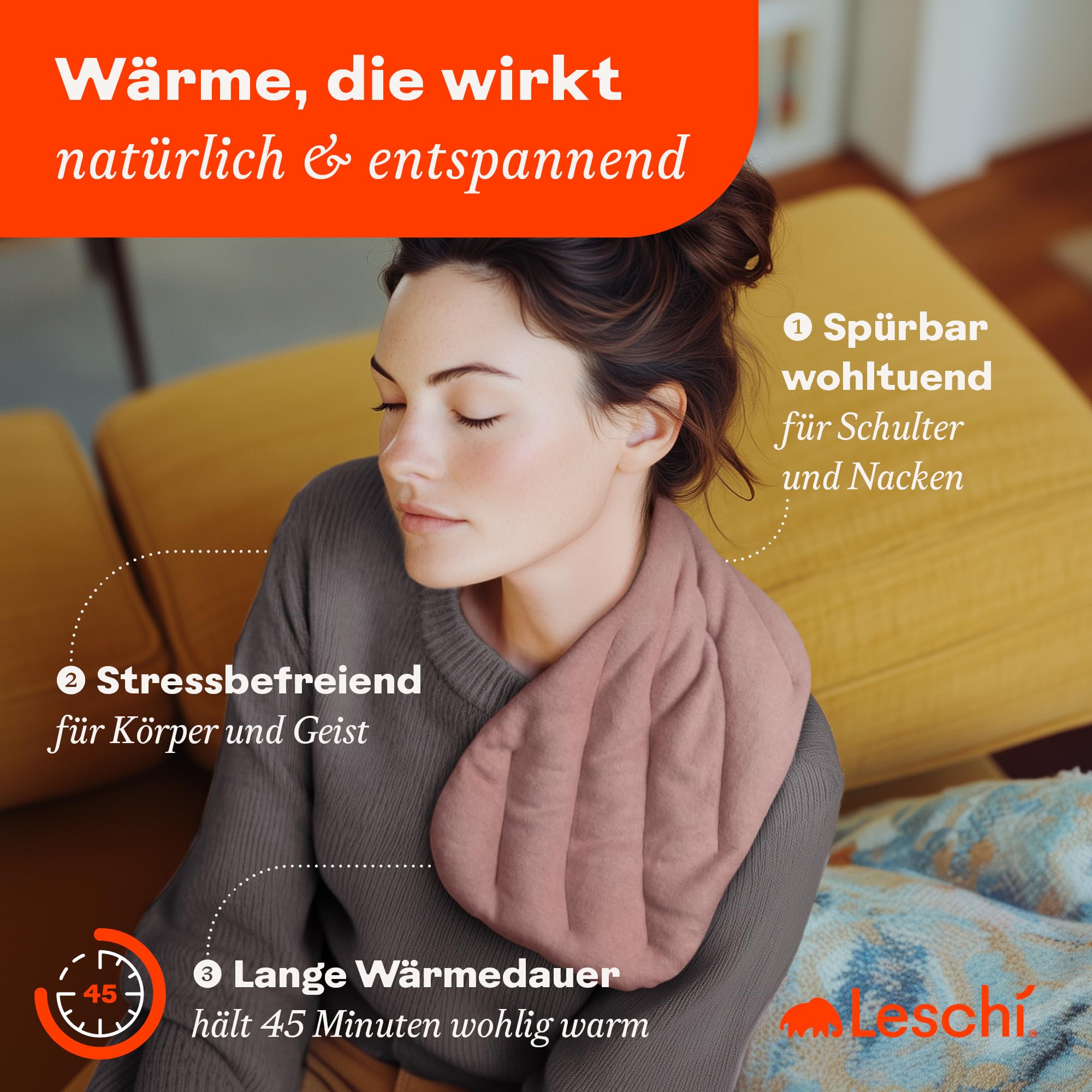 LESCHI XXL Wärmekissen für Mikrowelle (50x20 cm), 100% Bio Baumwolle und Bio Weizen, 8 Kammer Körnerkissen, Rosa, anschmiegsames Getreidekissen ideal als Wärmespender für Rücken Bauch Schulter Nacken