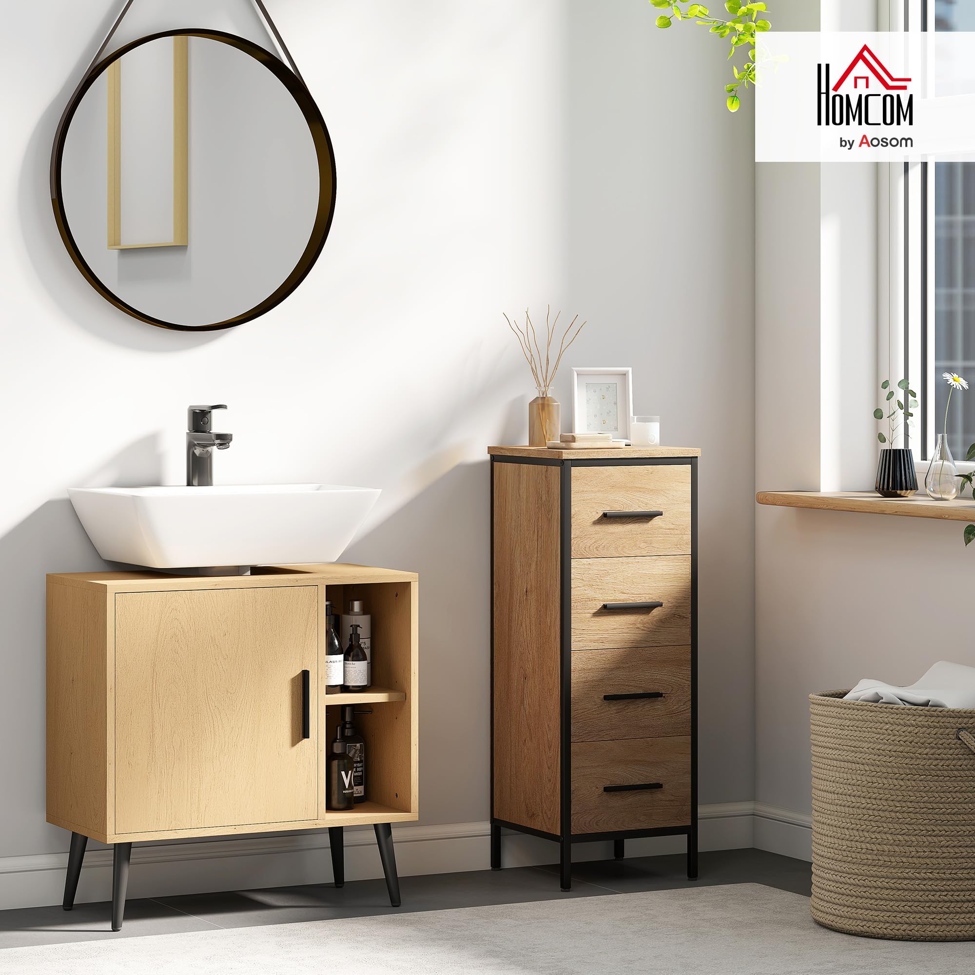 HOMCOM Meuble sous lavabo Salle de Bain, Meuble sous Vasque Industriel avec Porte à Fermeture Progressive et étagère réglable, 60 x 30 x 59,5 cm, chêne