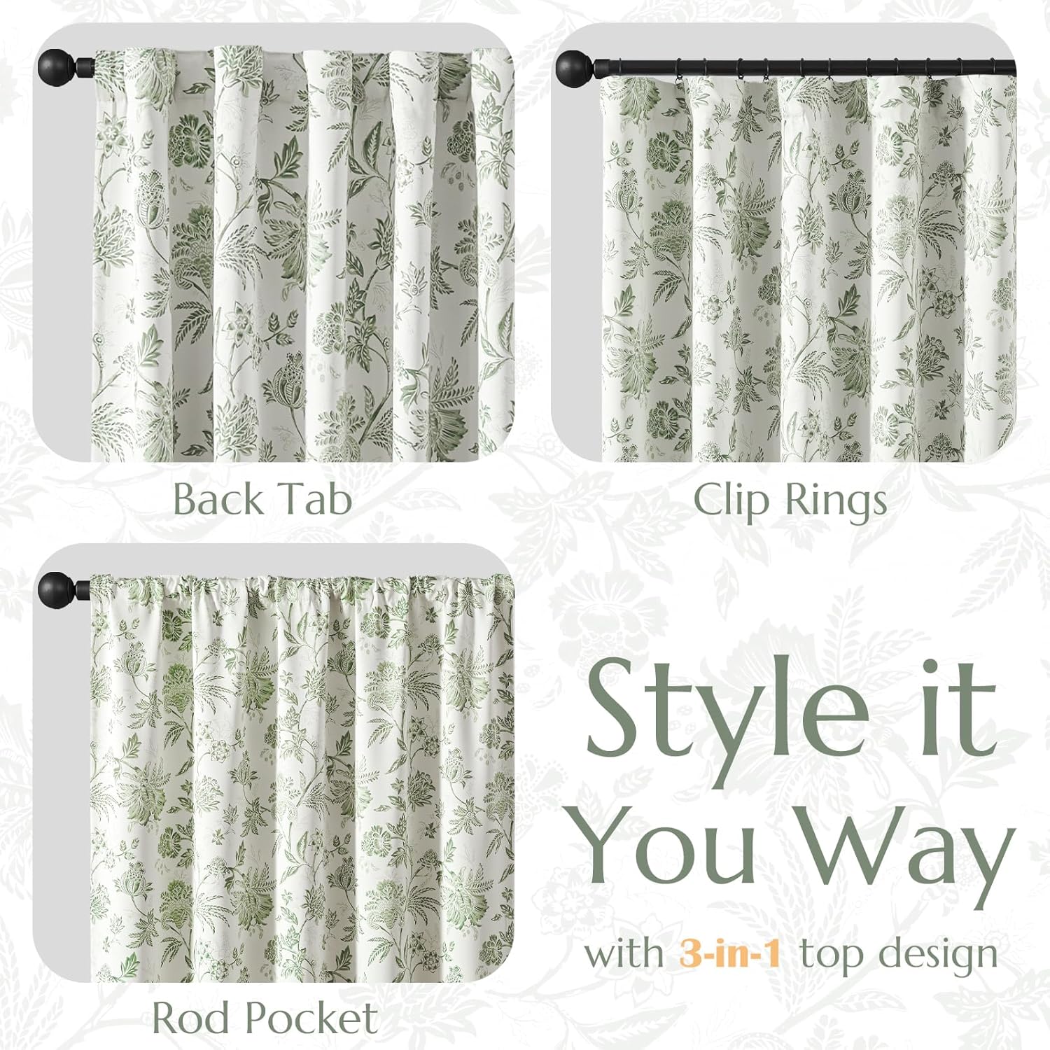 jinchan Blackout Floral Curtains for Bedroom, 84 Inches Long Printed Flower Black Out Curtains, French Country Back Tab Sage Green Window Treatment Farmhouse Drapes Set 2 Panels Green